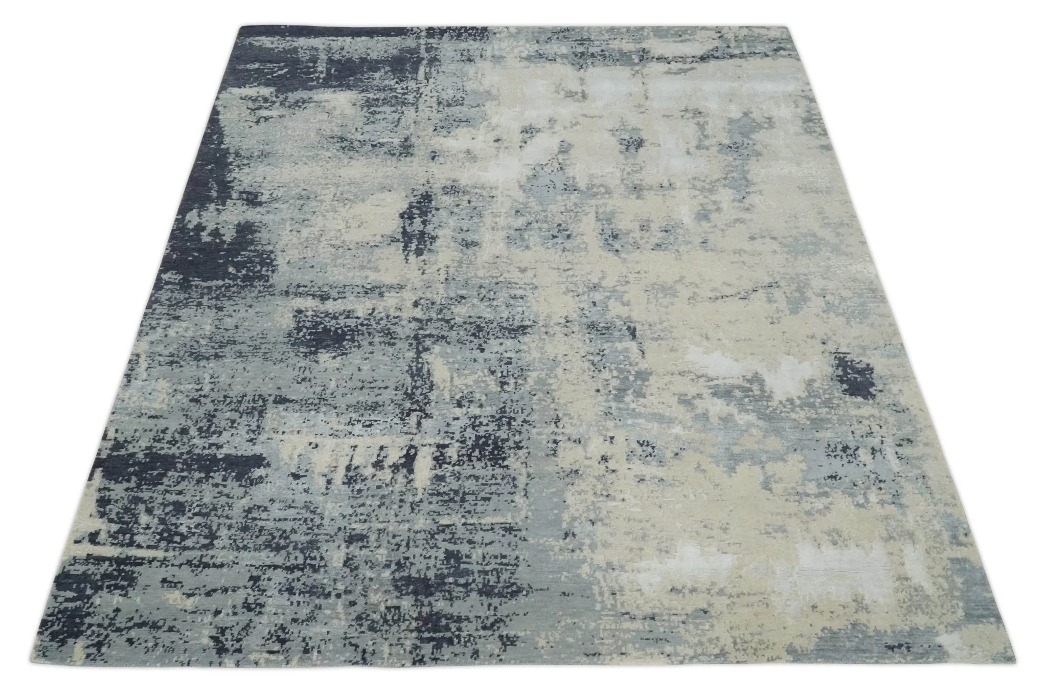 Hand Carved 8x10 Knotted Beige, Silver and Charcoal Modern Abstract Wool And Bamboo Silk Area Rug - Image 9