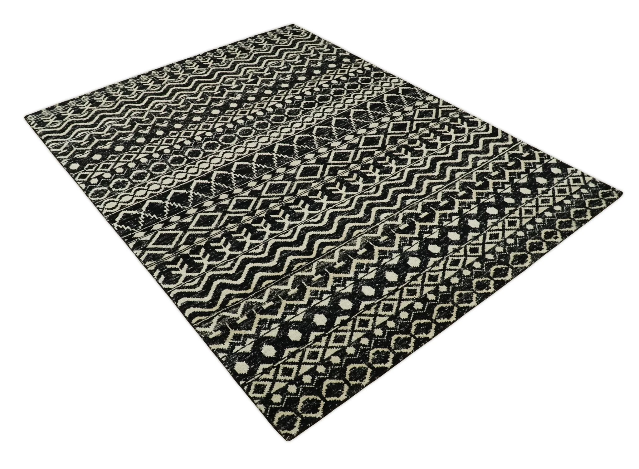 Hand Knotted Black and Ivory Modern Contemporary Southwestern Tribal Trellis Recycled Silk Area Rug | OP11 - Image 11