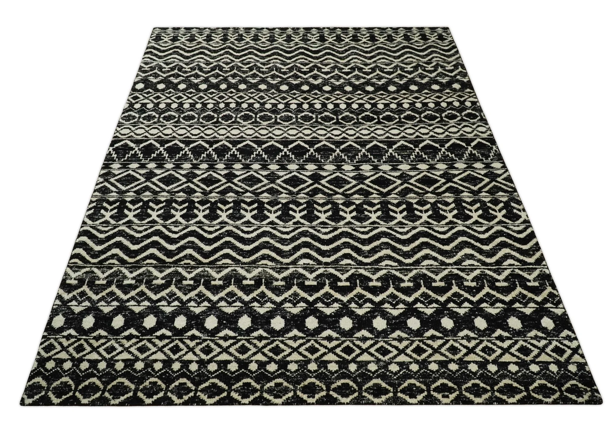 Hand Knotted Black and Ivory Modern Contemporary Southwestern Tribal Trellis Recycled Silk Area Rug | OP11 - Image 12