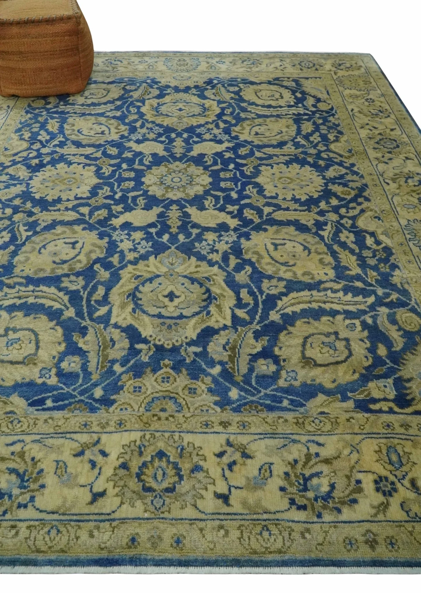 Antique Finish Oushak 8x10 Hand Knotted Blue and Beige Traditional Wool Area Rug - Image 3