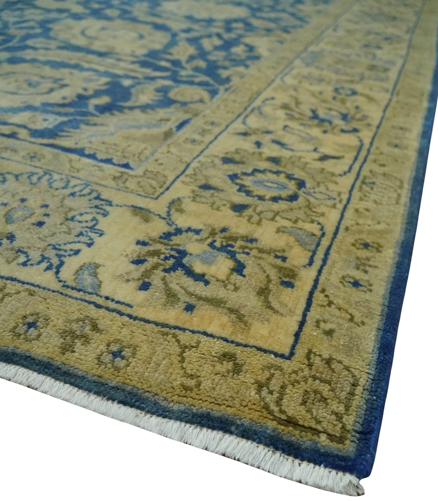 Antique Finish Oushak 8x10 Hand Knotted Blue and Beige Traditional Wool Area Rug - Image 5