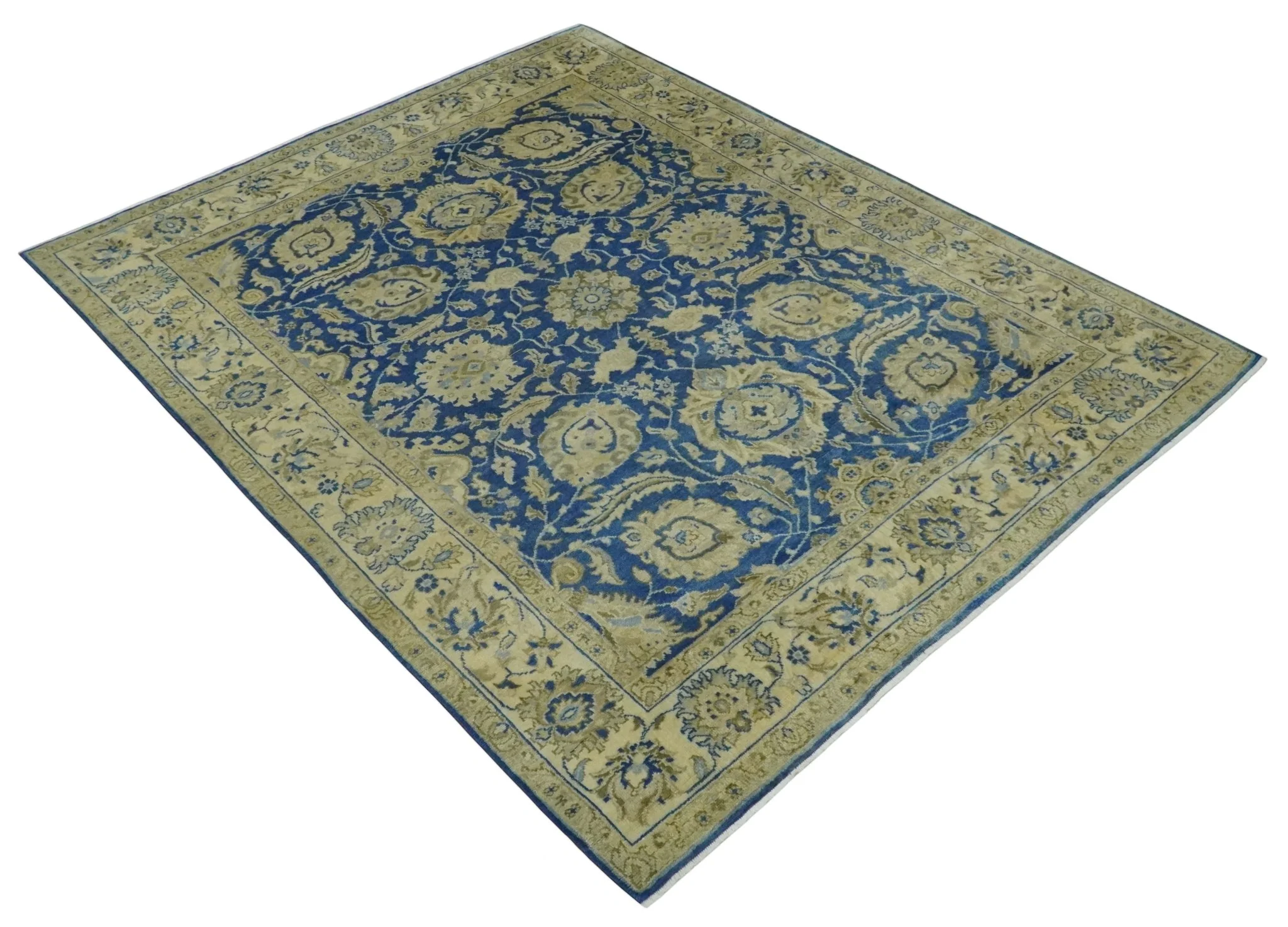 Antique Finish Oushak 8x10 Hand Knotted Blue and Beige Traditional Wool Area Rug - Image 8