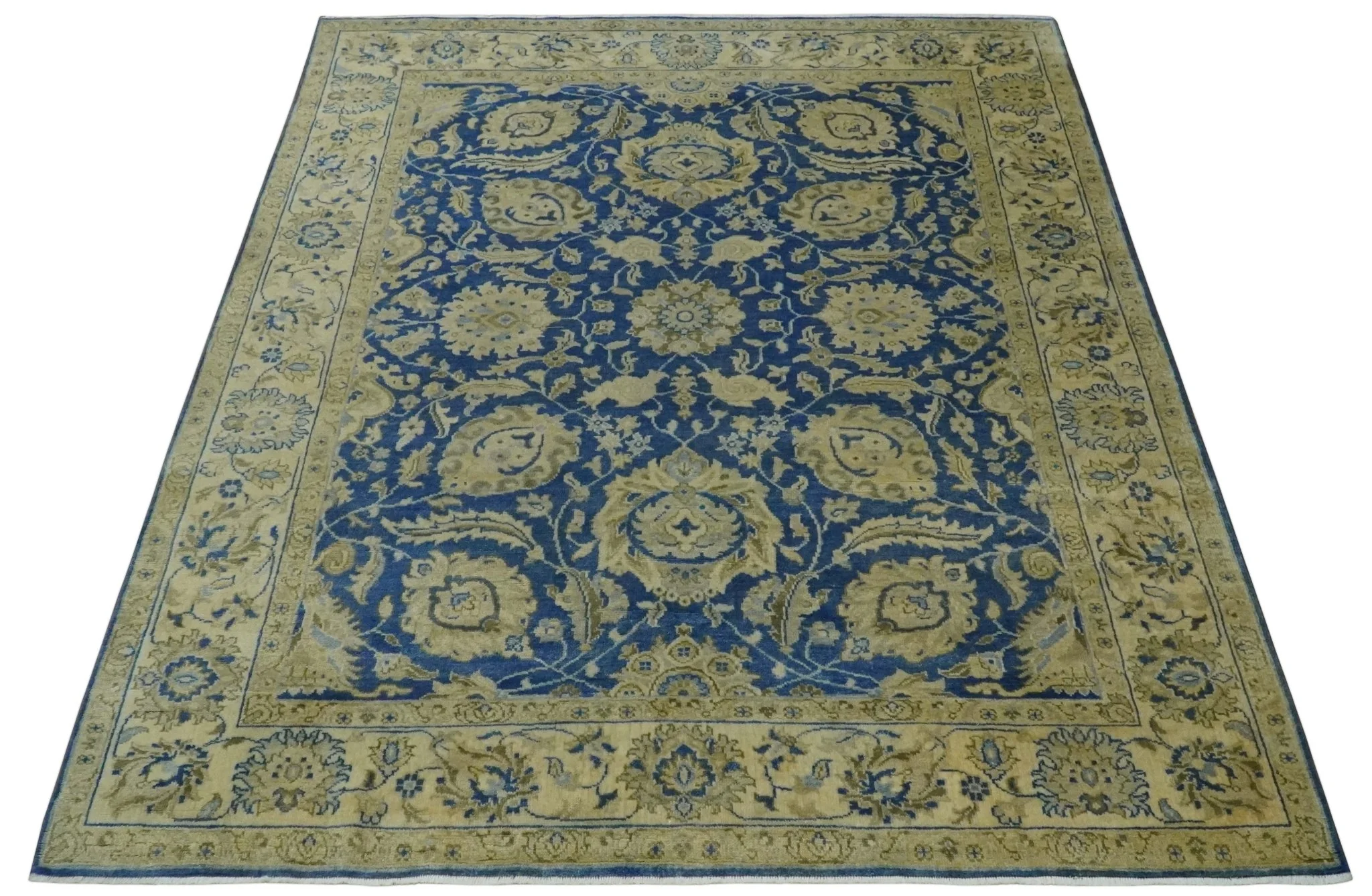 Antique Finish Oushak 8x10 Hand Knotted Blue and Beige Traditional Wool Area Rug - Image 9