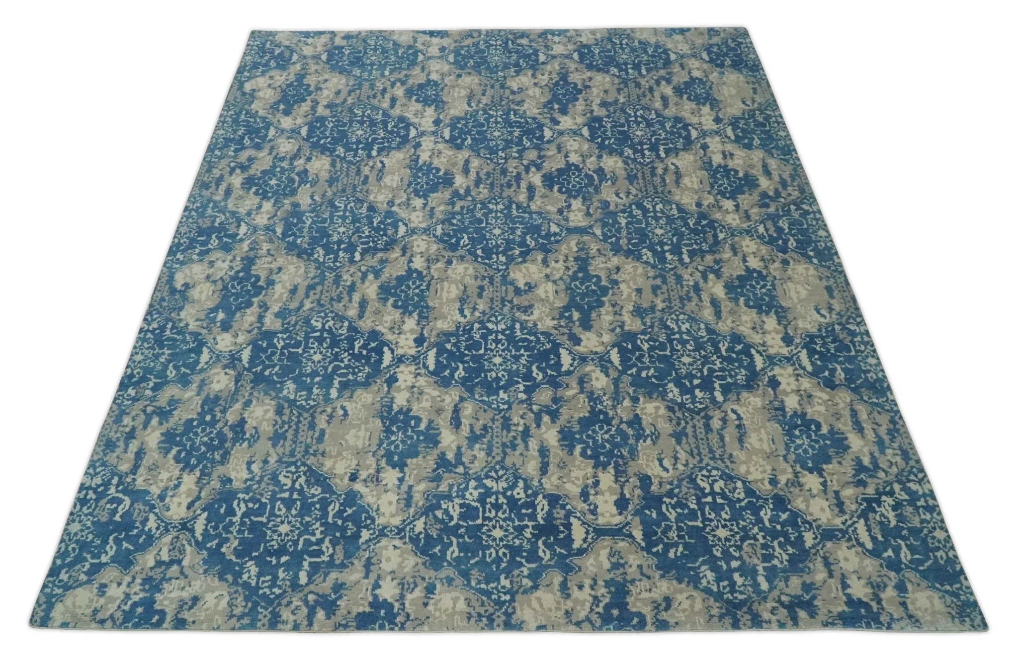 Transitional 9x12 Hand Knotted Blue and Ivory Ikat Pattern Traditional Wool Area Rug - Image 10