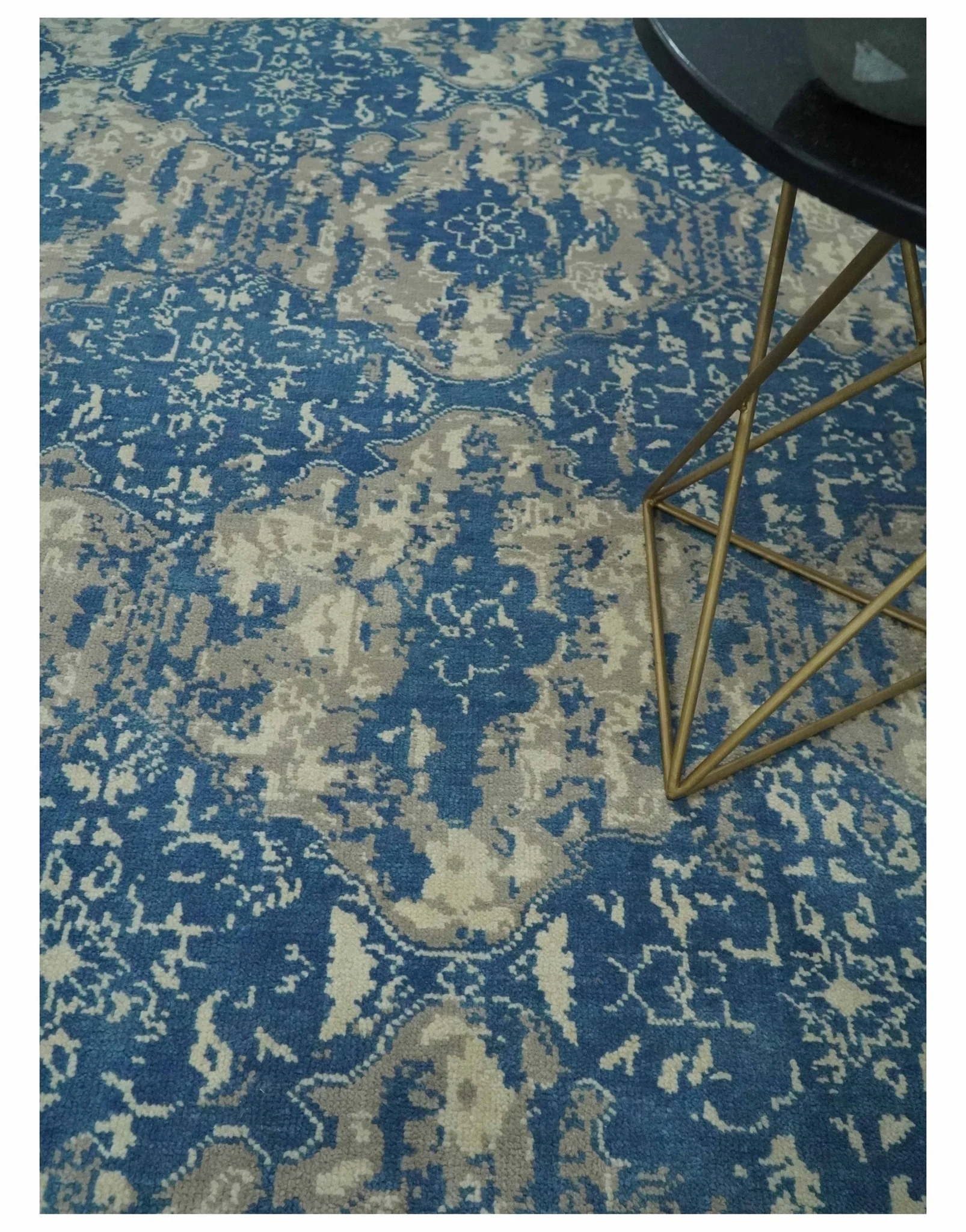 Transitional 9x12 Hand Knotted Blue and Ivory Ikat Pattern Traditional Wool Area Rug - Image 2