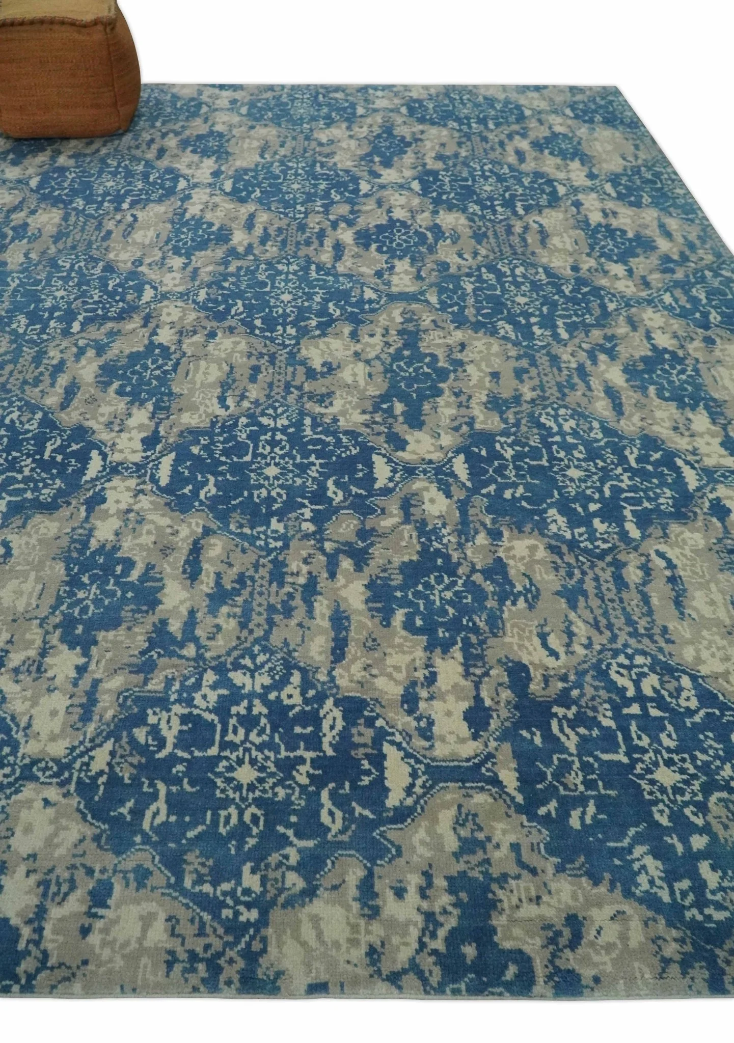 Transitional 9x12 Hand Knotted Blue and Ivory Ikat Pattern Traditional Wool Area Rug - Image 3