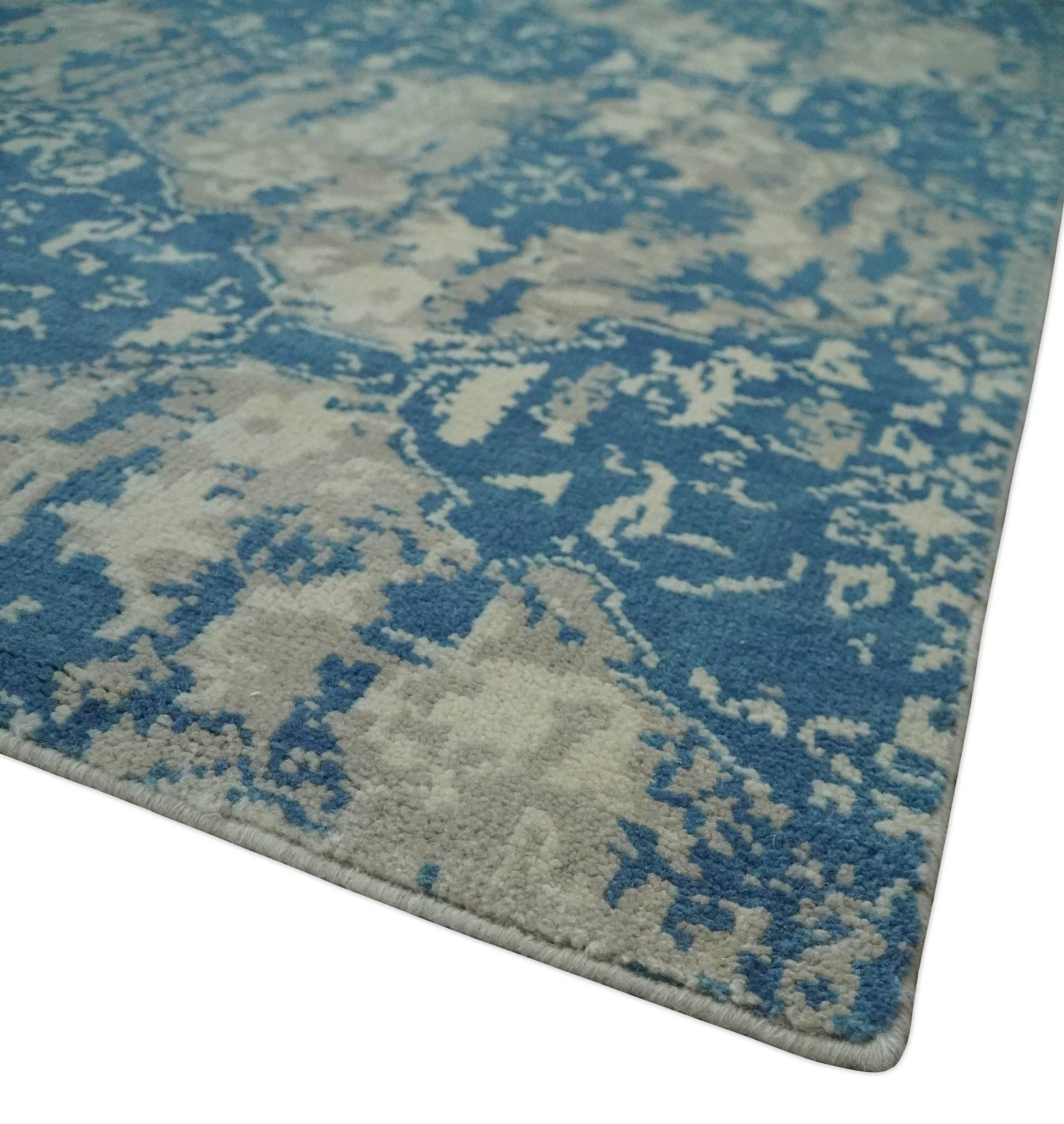 Transitional 9x12 Hand Knotted Blue and Ivory Ikat Pattern Traditional Wool Area Rug - Image 5