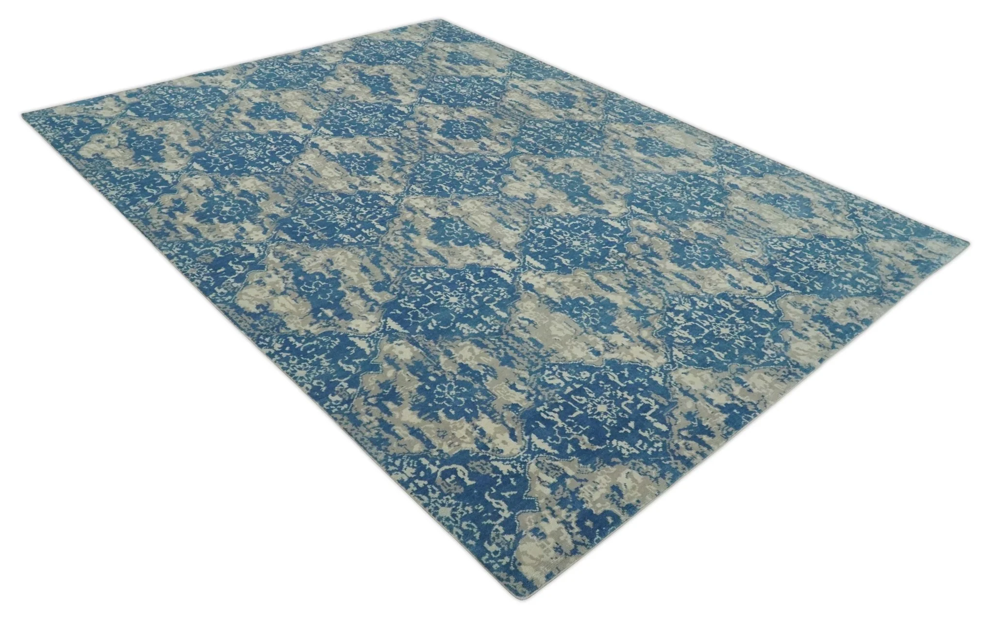Transitional 9x12 Hand Knotted Blue and Ivory Ikat Pattern Traditional Wool Area Rug - Image 9