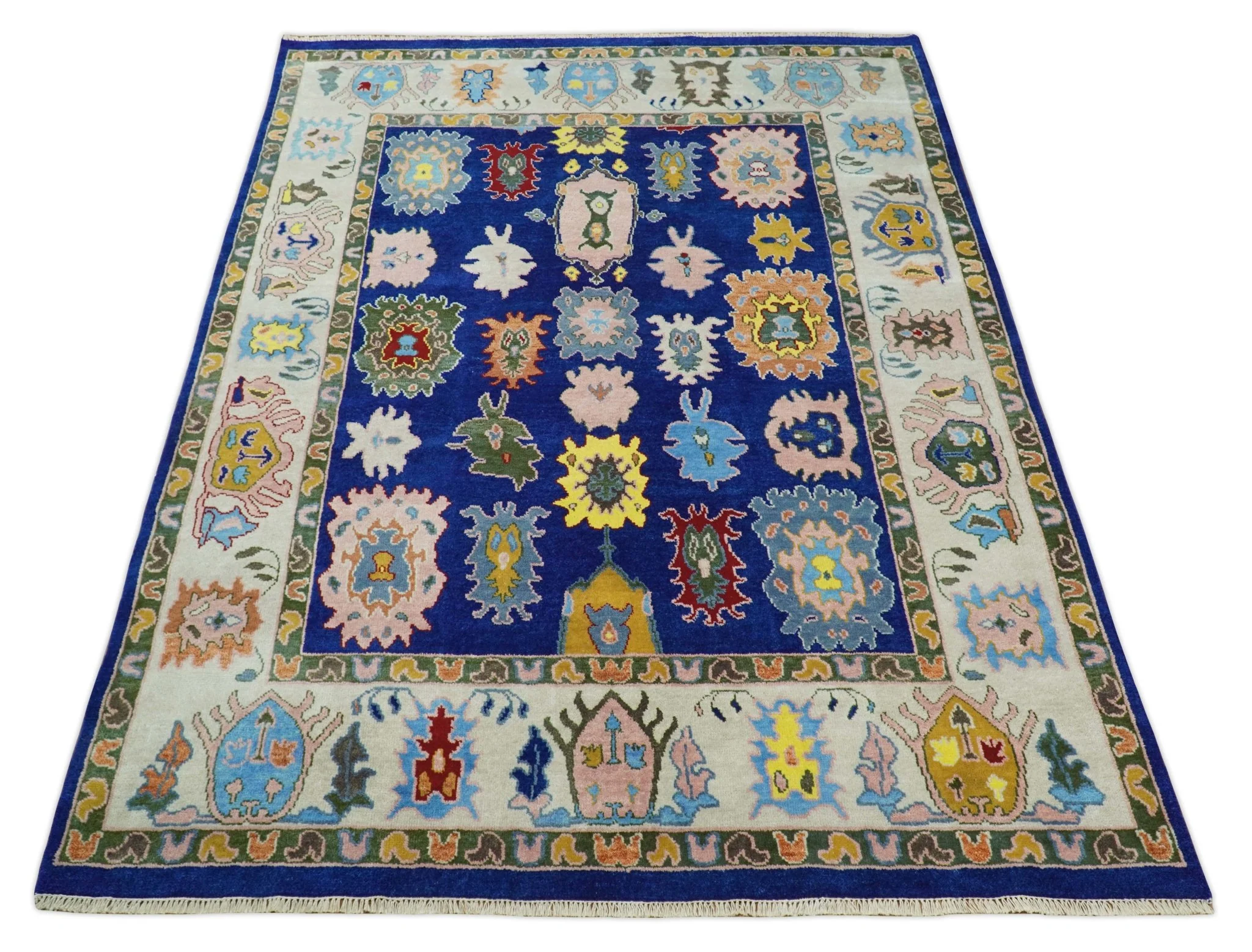 Vibrant 8x10 Hand Knotted Blue and Ivory Traditional Persian Eclectic Colorful Wool Rug | TRDCP776810 - Image 11