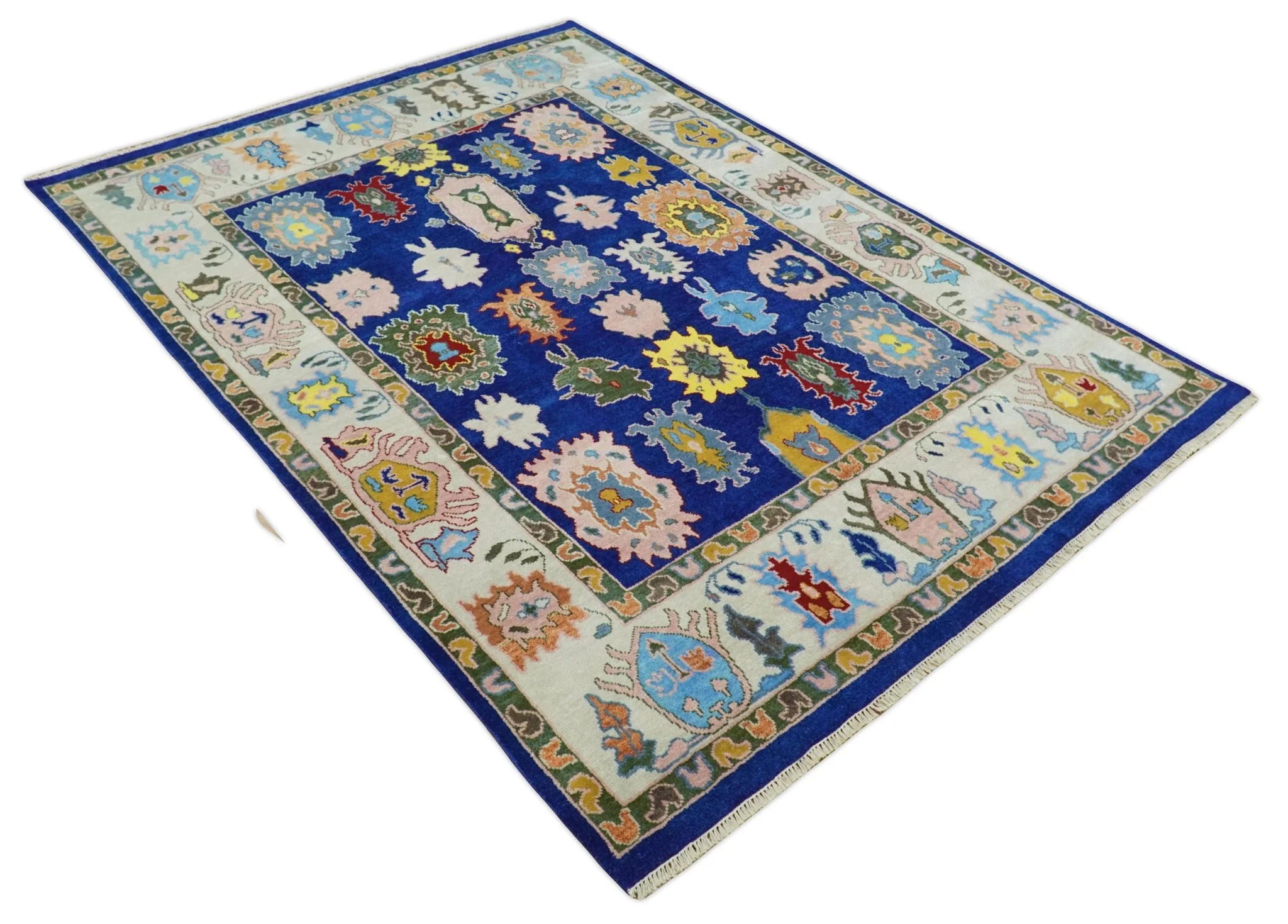 Vibrant 8x10 Hand Knotted Blue and Ivory Traditional Persian Eclectic Colorful Wool Rug | TRDCP776810 - Image 9