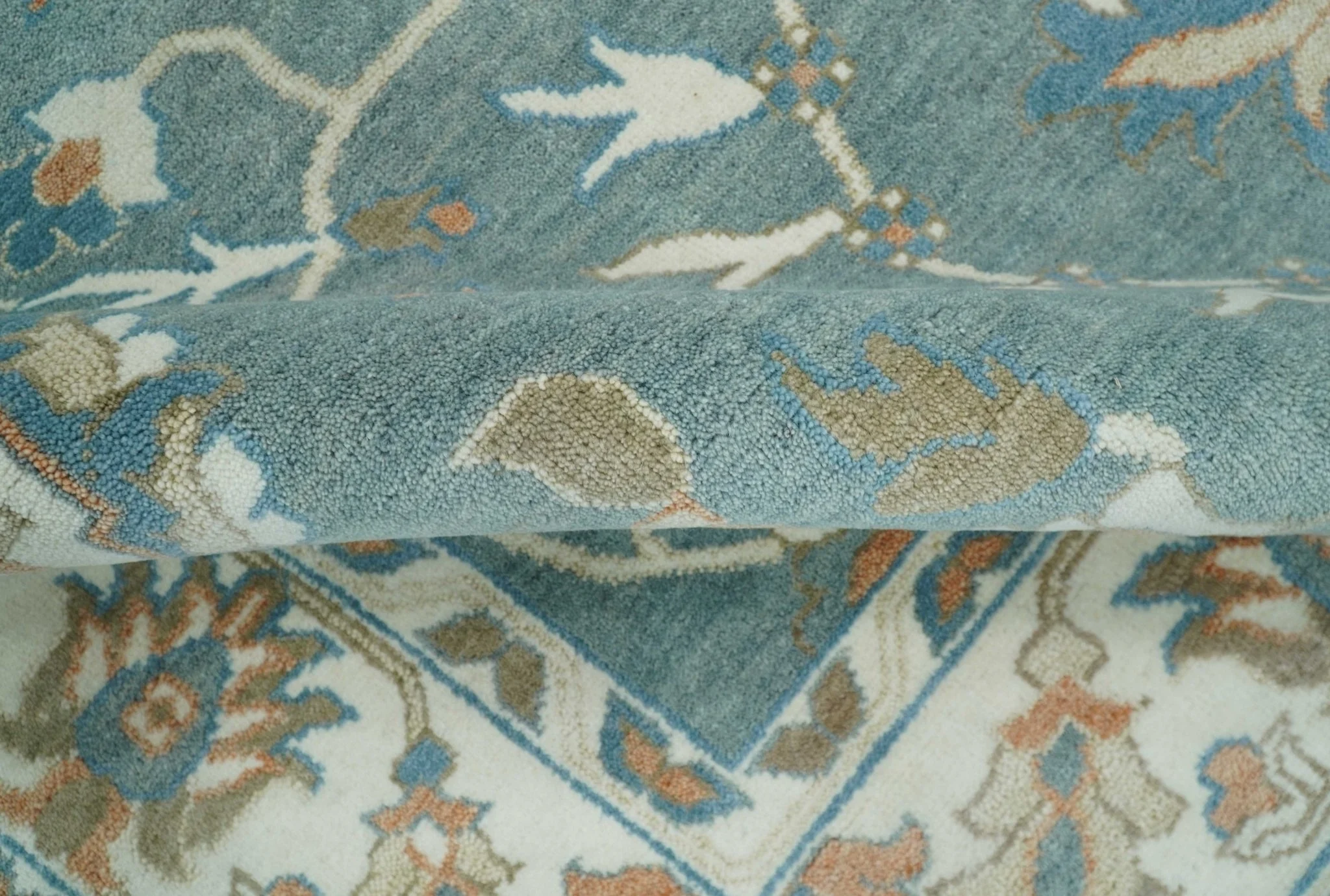 8x10 Hand Knotted Blue and Beige Traditional Vintage Turkish Oushak Antique Wool Rug | TRDCP756810 - Image 10