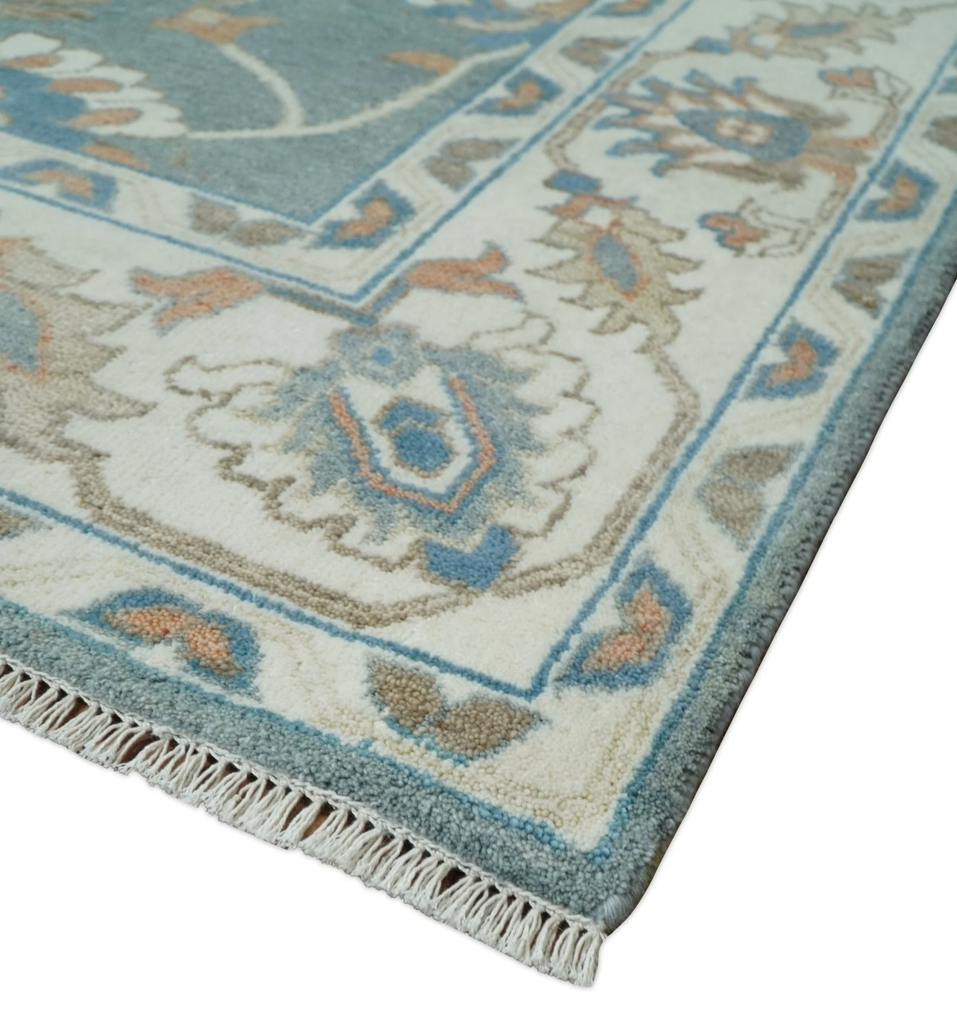 8x10 Hand Knotted Blue and Beige Traditional Vintage Turkish Oushak Antique Wool Rug | TRDCP756810 - Image 11