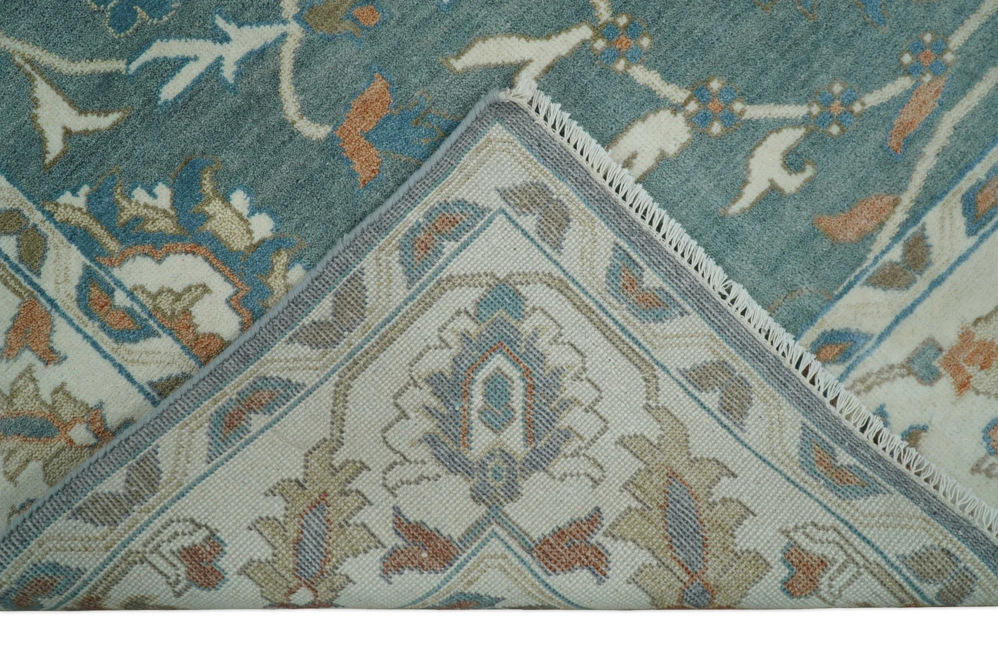 8x10 Hand Knotted Blue and Beige Traditional Vintage Turkish Oushak Antique Wool Rug | TRDCP756810 - Image 4