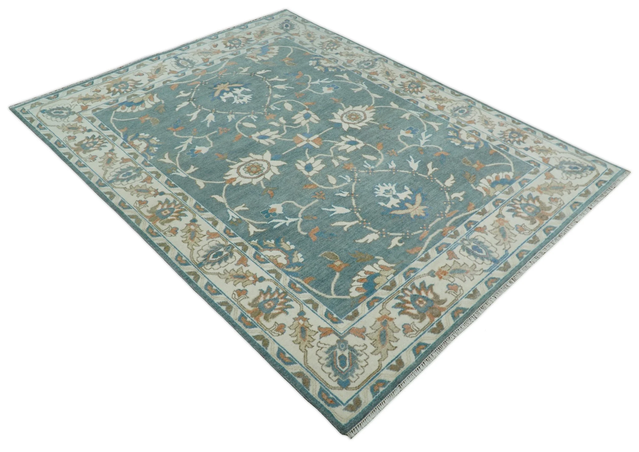 8x10 Hand Knotted Blue and Beige Traditional Vintage Turkish Oushak Antique Wool Rug | TRDCP756810 - Image 5