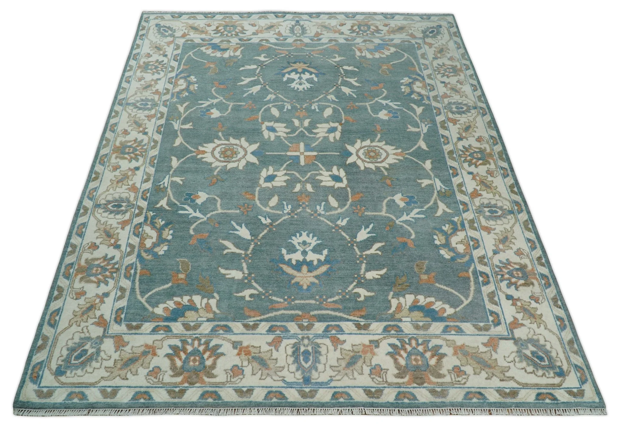 8x10 Hand Knotted Blue and Beige Traditional Vintage Turkish Oushak Antique Wool Rug | TRDCP756810 - Image 6