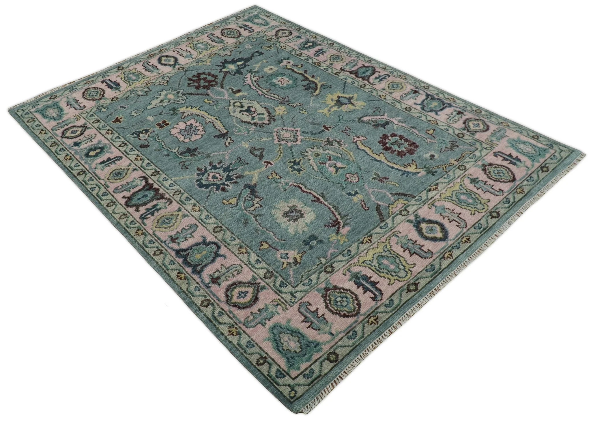 8x10 Hand Knotted Blue Green and Pink Traditional Persian Vintage Wool Rug | TRDCP771810 - Image 11