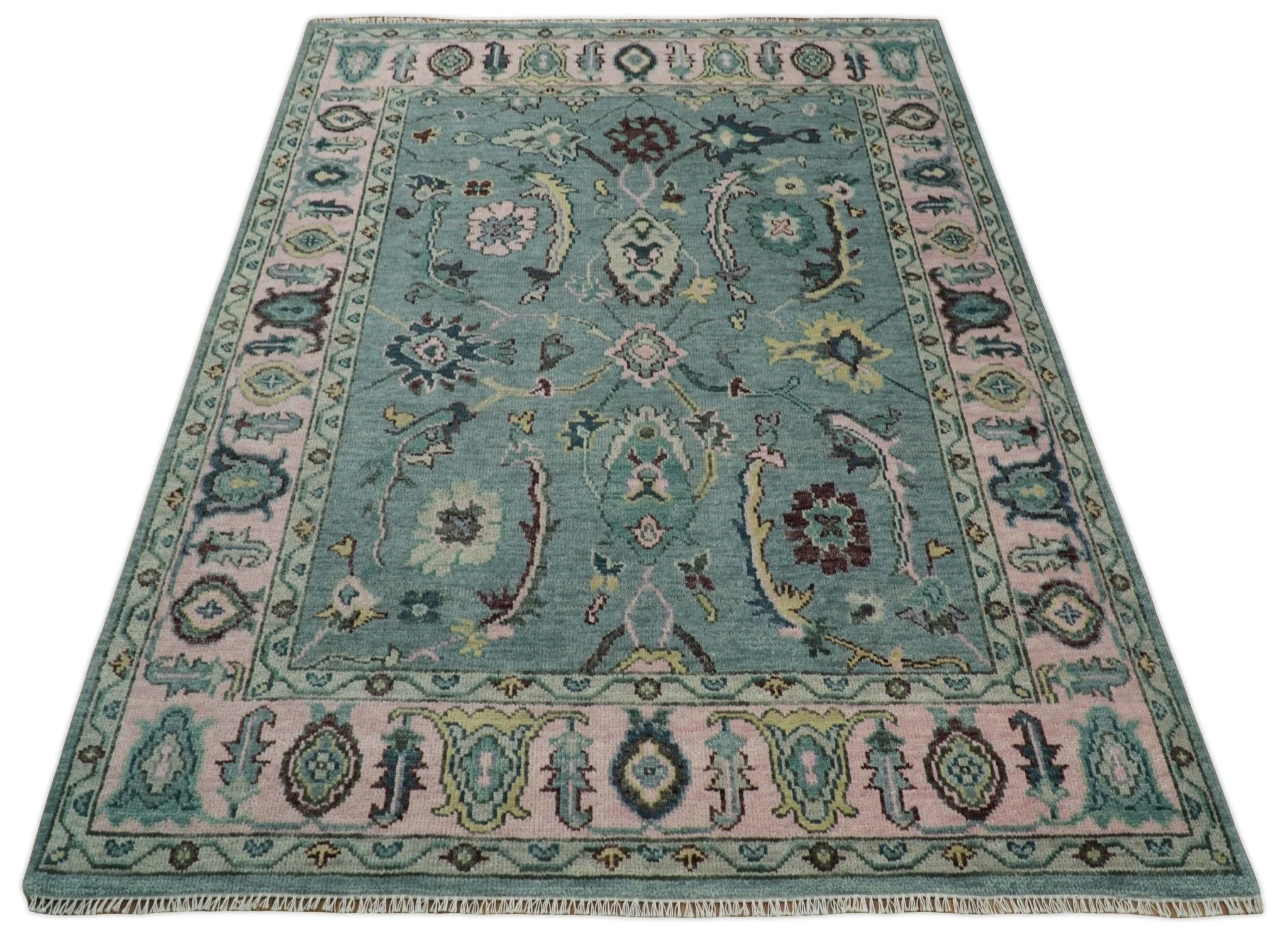 8x10 Hand Knotted Blue Green and Pink Traditional Persian Vintage Wool Rug | TRDCP771810 - Image 12