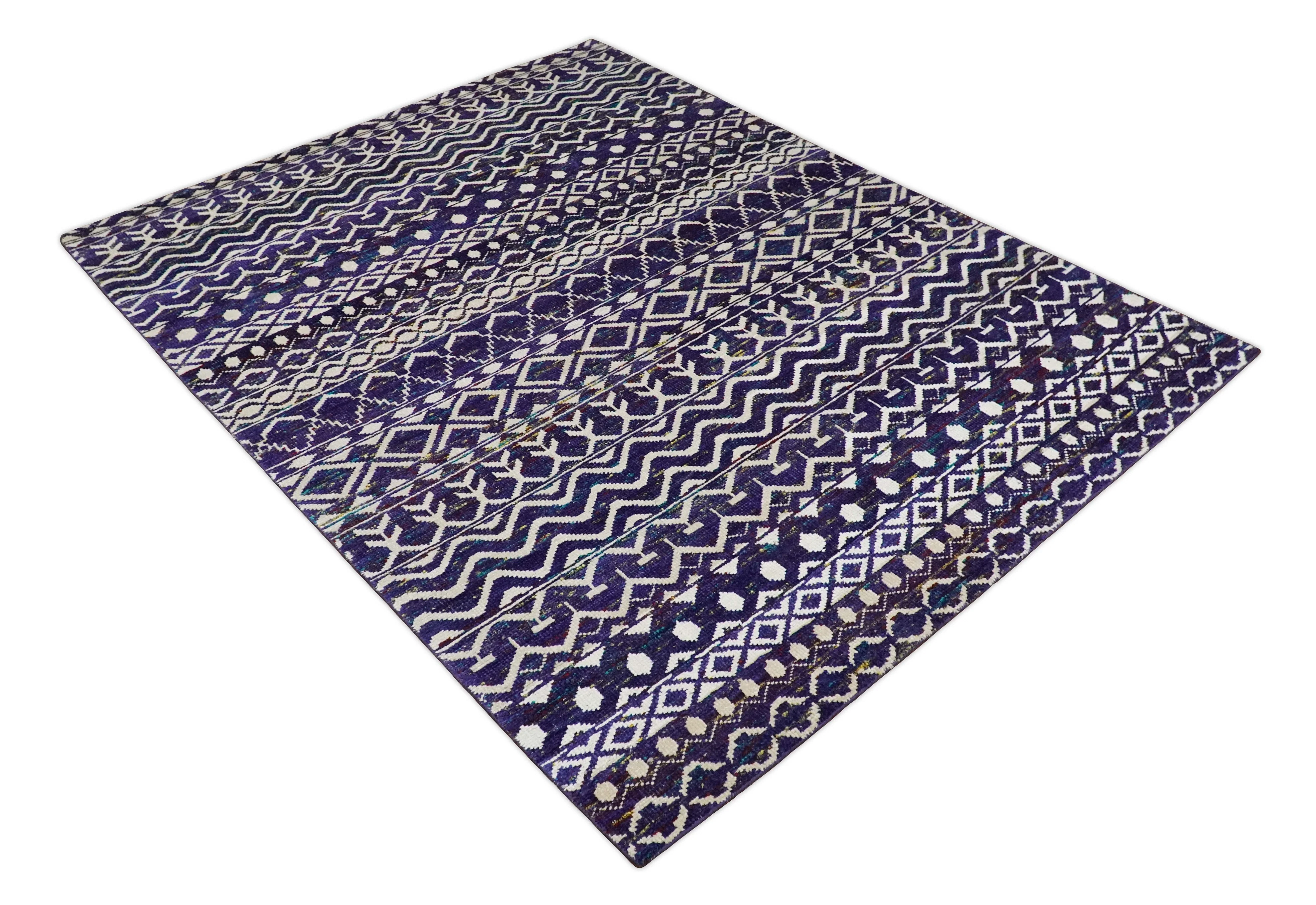 4x6 and 8x10 Hand Knotted Blue and White Modern Contemporary Southwestern Tribal Trellis Recycled Silk Area Rug | OP6 - Image 10