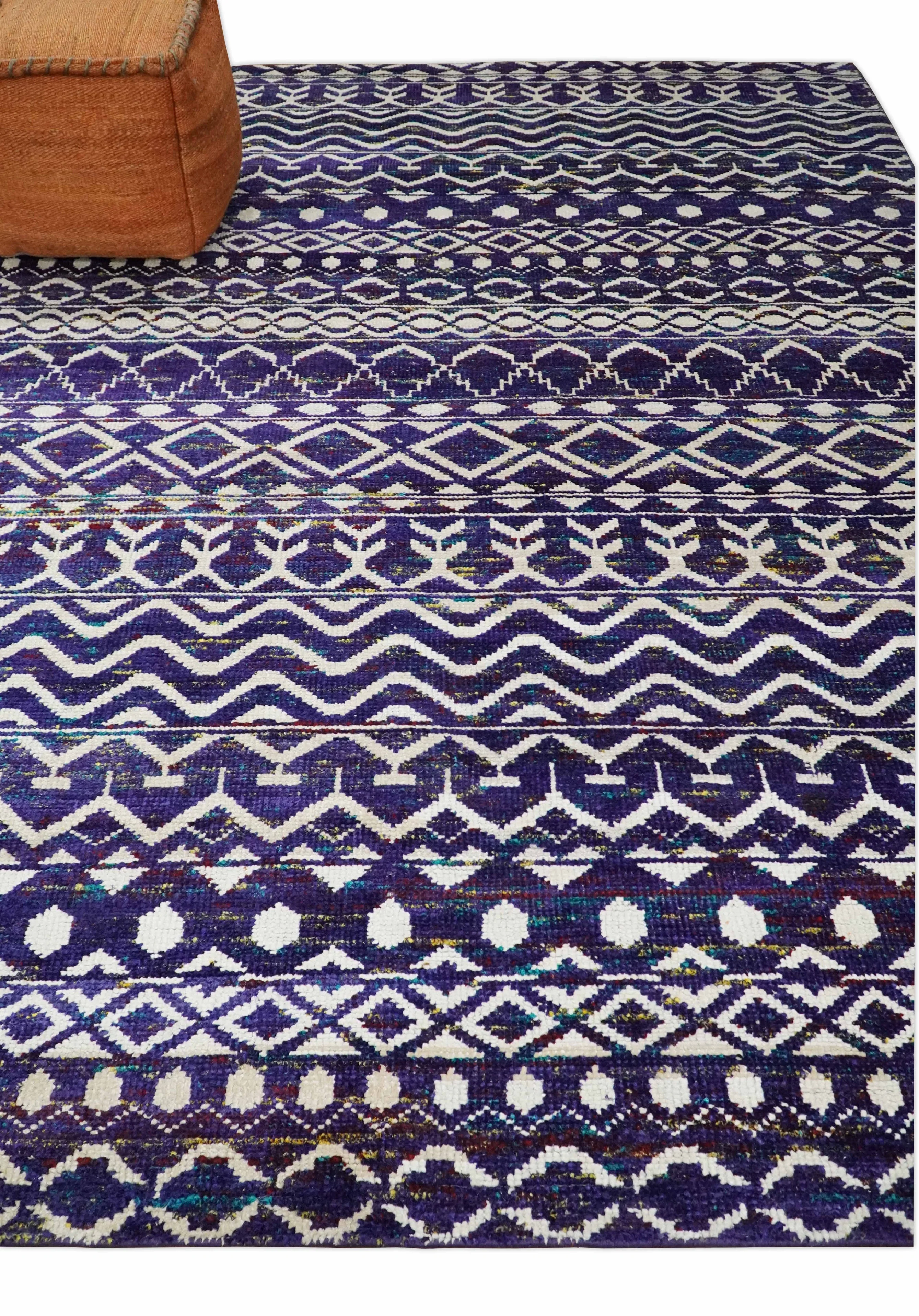4x6 and 8x10 Hand Knotted Blue and White Modern Contemporary Southwestern Tribal Trellis Recycled Silk Area Rug | OP6 - Image 3