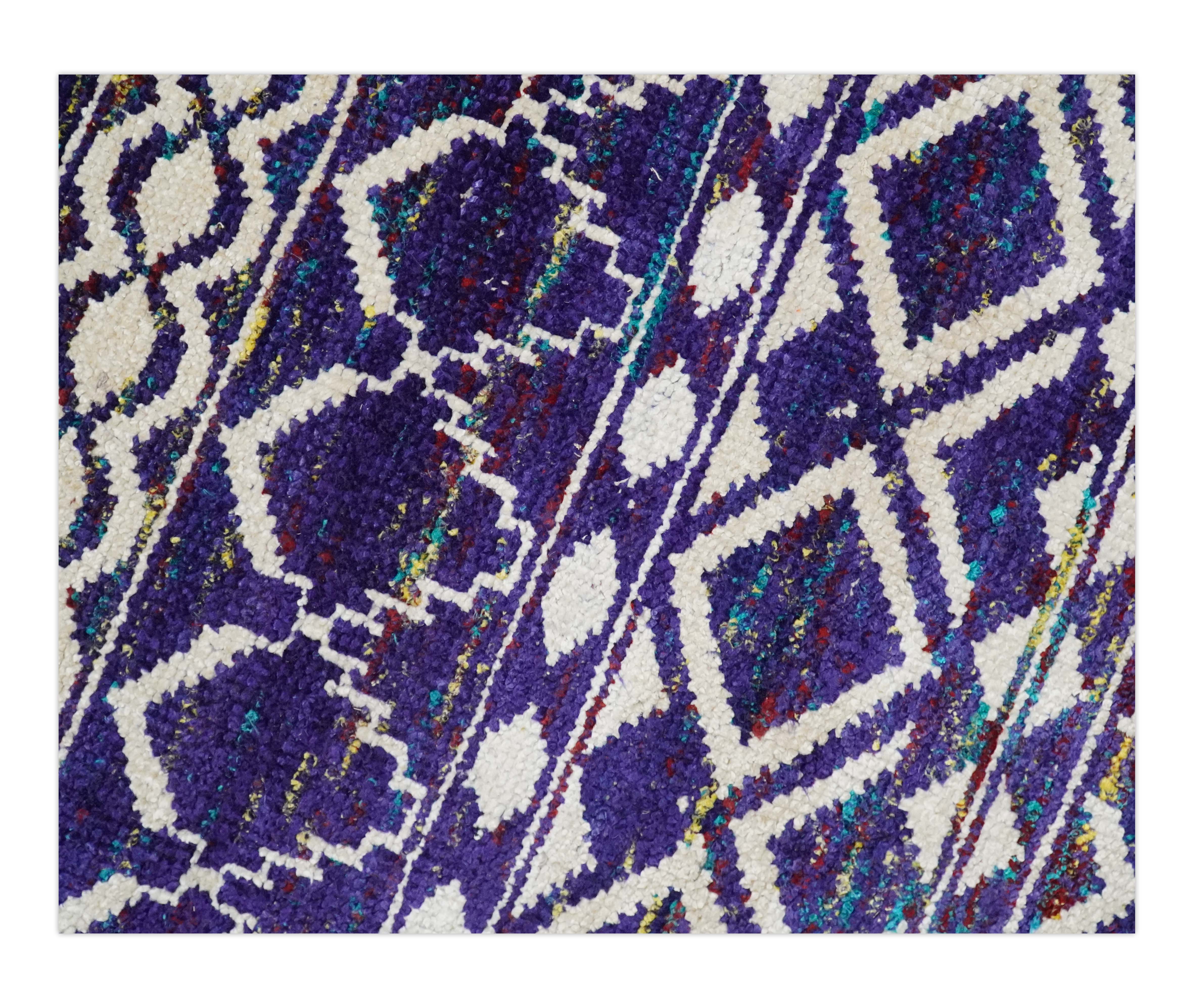 4x6 and 8x10 Hand Knotted Blue and White Modern Contemporary Southwestern Tribal Trellis Recycled Silk Area Rug | OP6 - Image 4