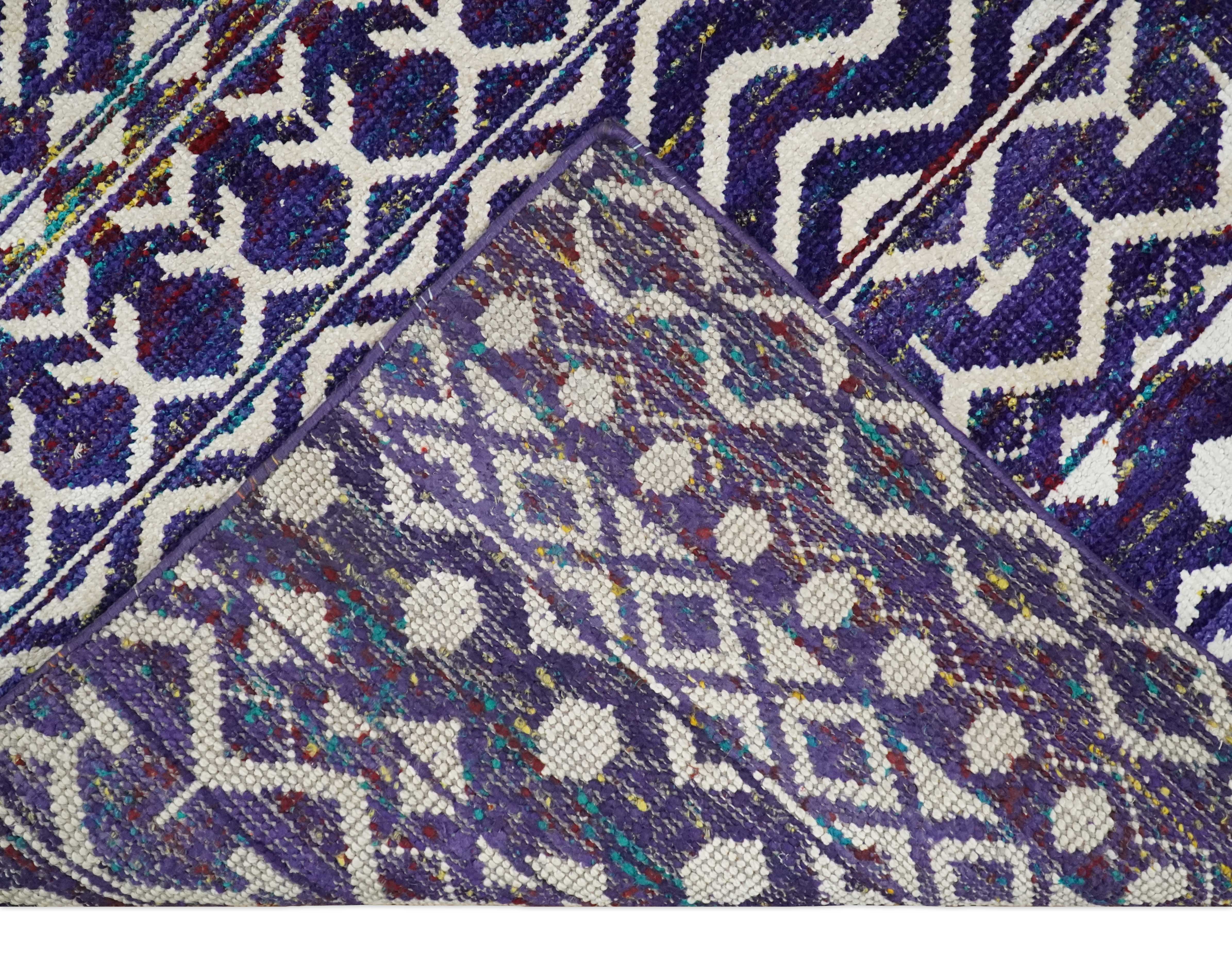 4x6 and 8x10 Hand Knotted Blue and White Modern Contemporary Southwestern Tribal Trellis Recycled Silk Area Rug | OP6 - Image 5