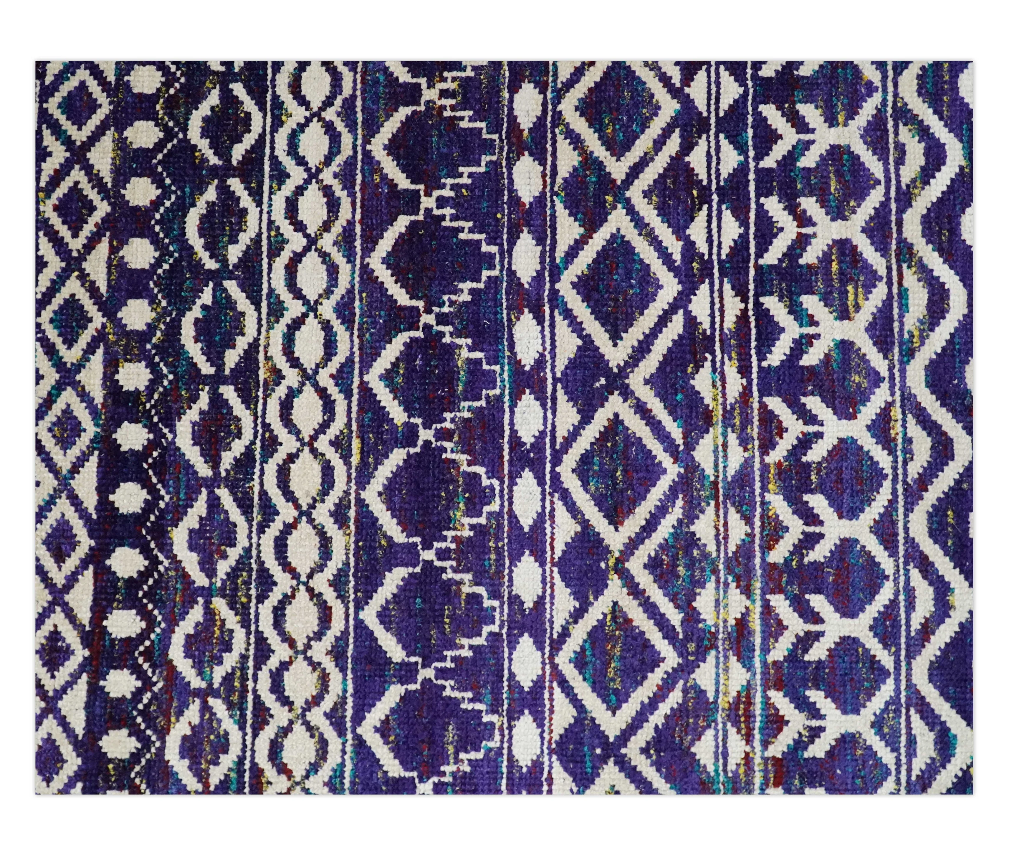 4x6 and 8x10 Hand Knotted Blue and White Modern Contemporary Southwestern Tribal Trellis Recycled Silk Area Rug | OP6 - Image 6
