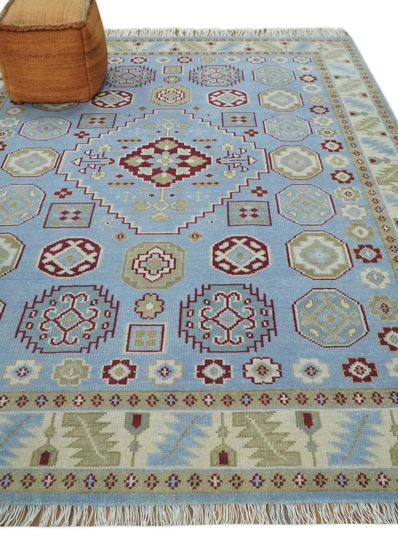 8x10 Hand Knotted Blue, Ivory, Beige and Rust Traditional Persian Oushak Wool Rug | AC8810 - Image 3