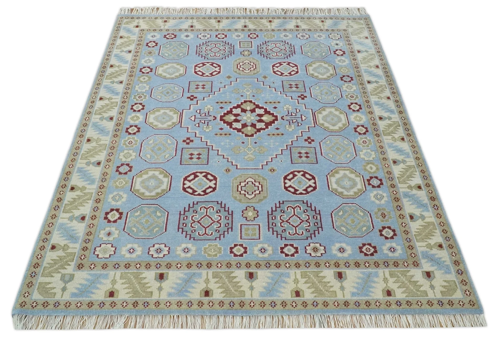 8x10 Hand Knotted Blue, Ivory, Beige and Rust Traditional Persian Oushak Wool Rug | AC8810 - Image 9