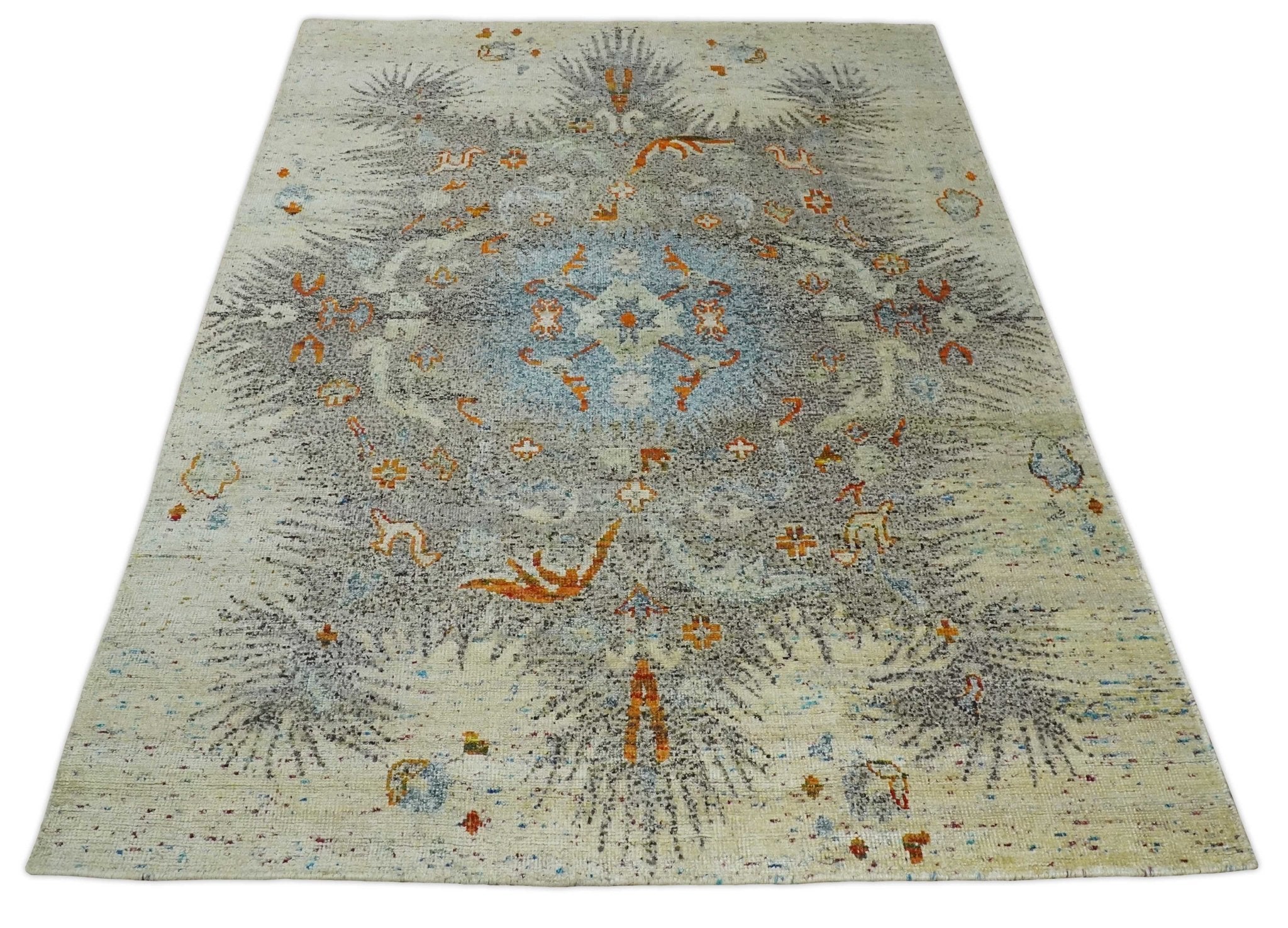 8x10 Hand Knotted Blue, Silver and Beige Antique Persian Style Contemporary Recycled Silk Area Rug | OP30 - Image 10