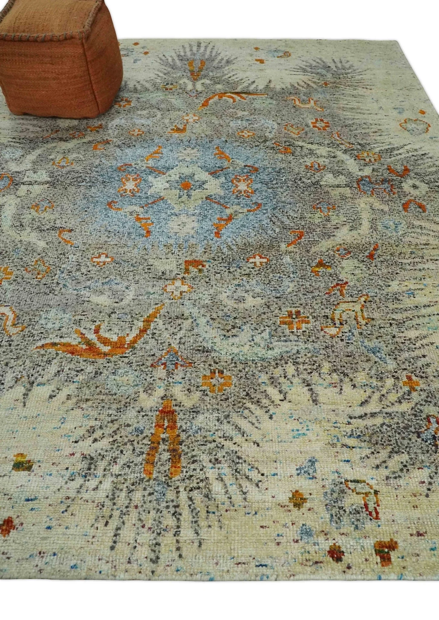 8x10 Hand Knotted Blue, Silver and Beige Antique Persian Style Contemporary Recycled Silk Area Rug | OP30 - Image 3