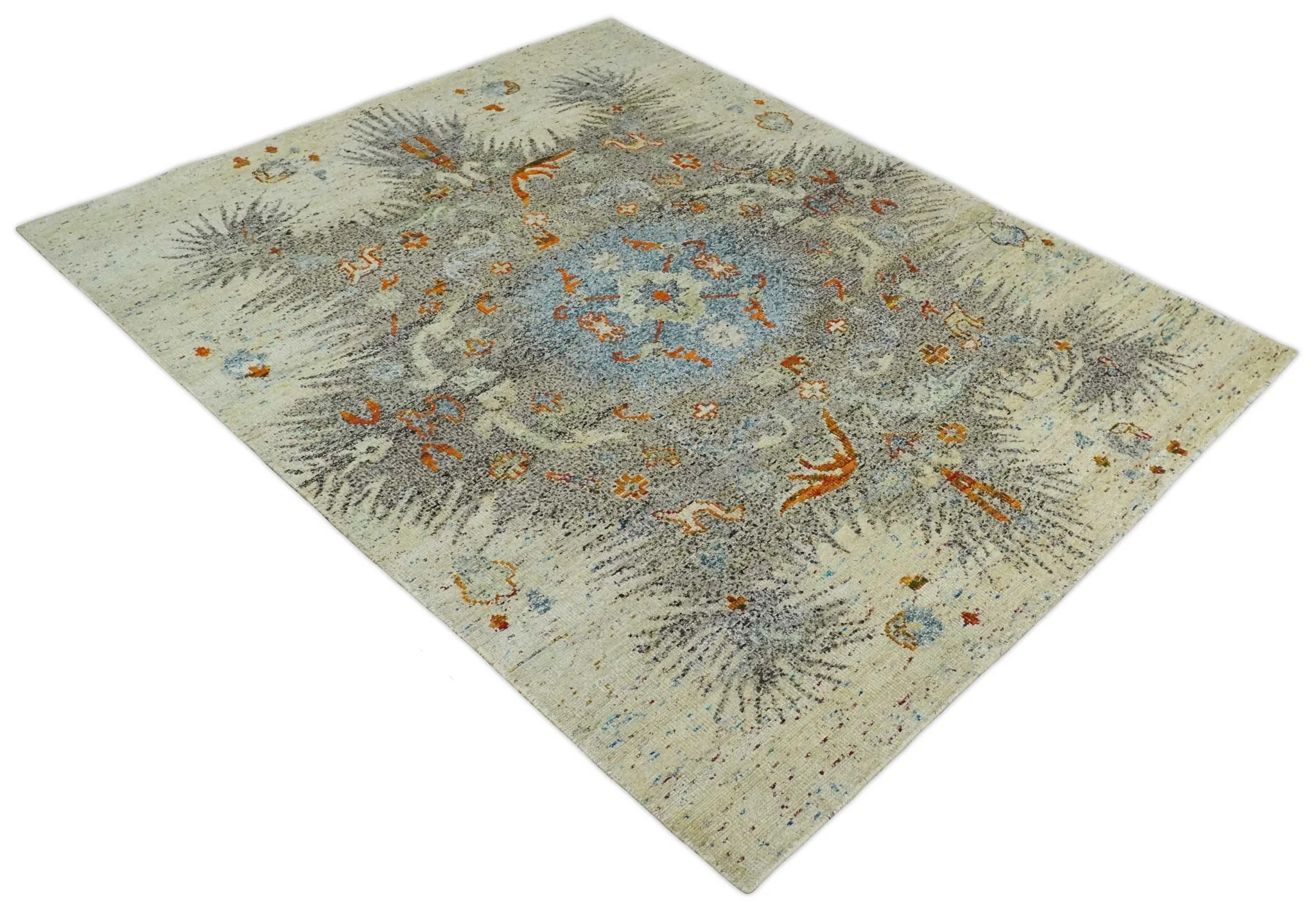 8x10 Hand Knotted Blue, Silver and Beige Antique Persian Style Contemporary Recycled Silk Area Rug | OP30 - Image 9