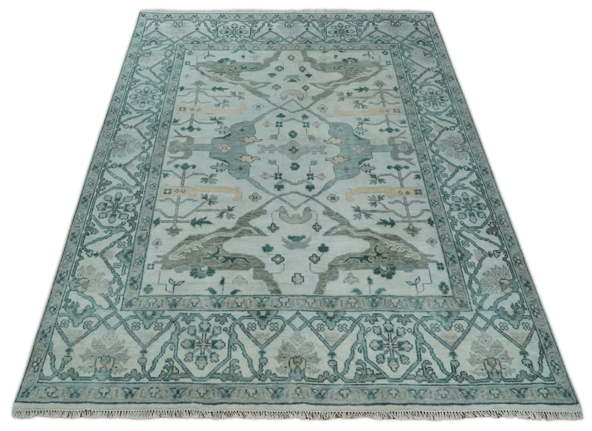 Silver Oushak 8x10 Hand Knotted Blue, Silver and gray Persian Antique Wool Rug | TRDCP963810 - Image 10