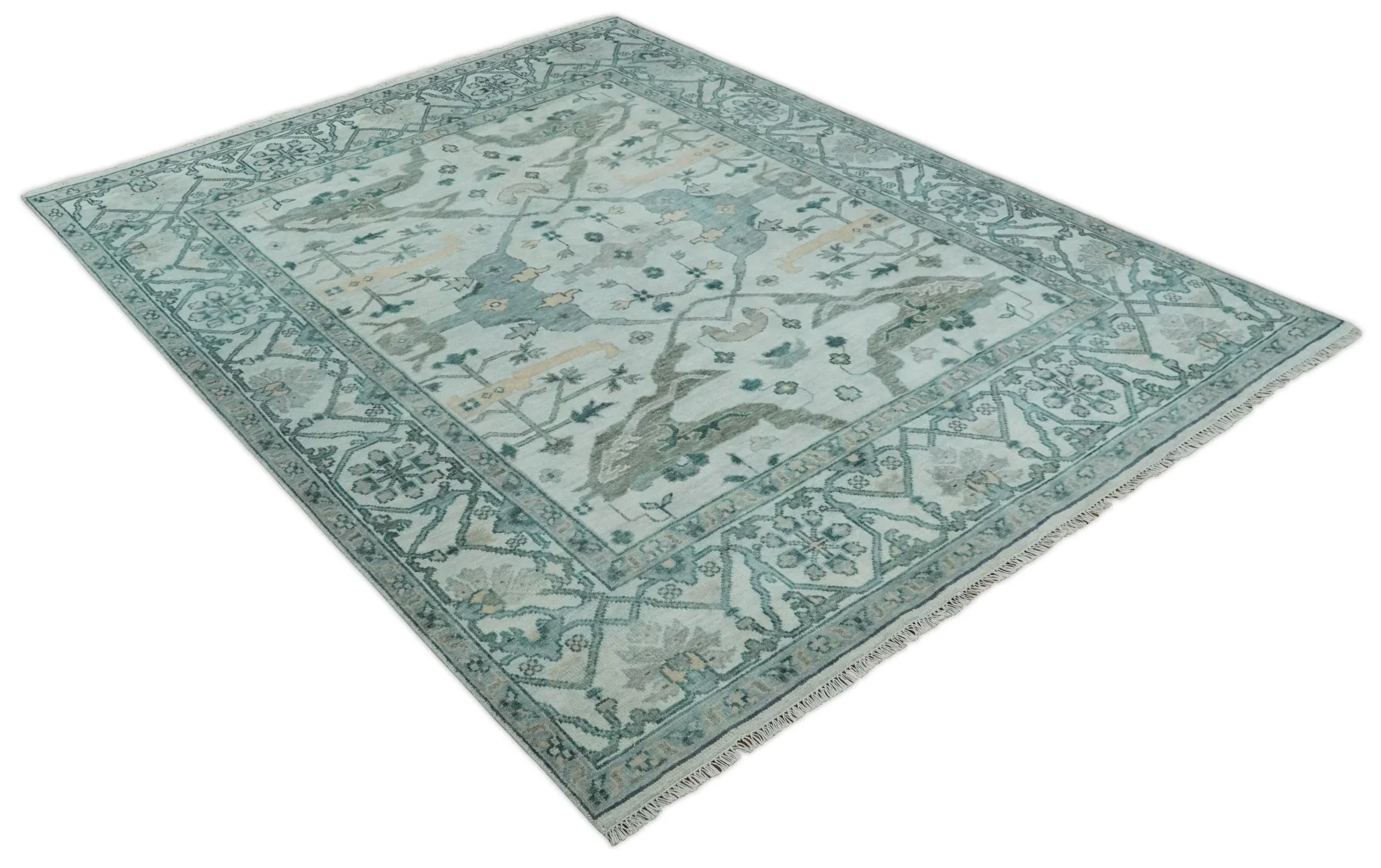 Silver Oushak 8x10 Hand Knotted Blue, Silver and gray Persian Antique Wool Rug | TRDCP963810 - Image 9