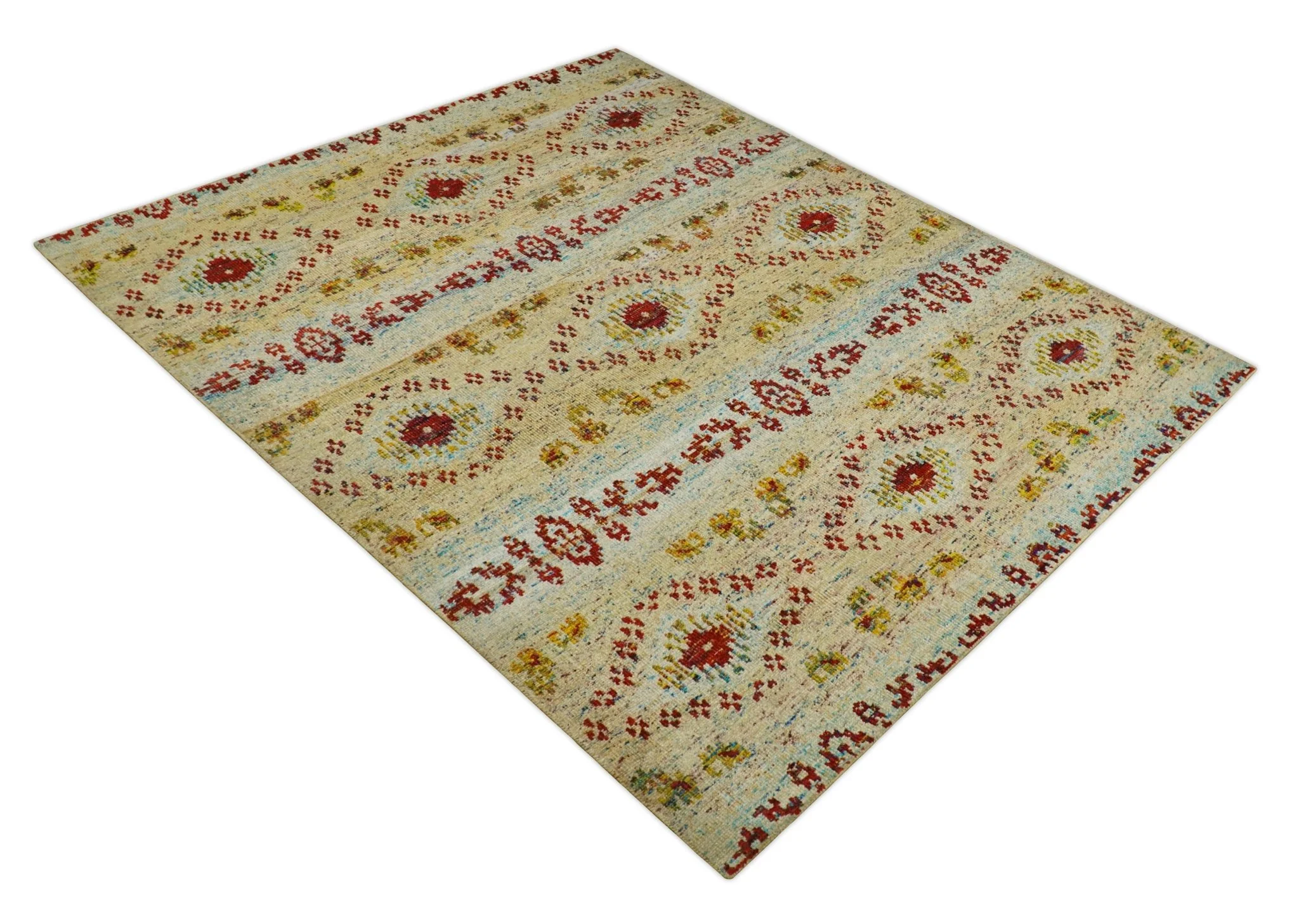 8x10 Hand Knotted Beige, Blue and Rust  Persian made of Recycled Silk Area Rug | OP19 - Image 11