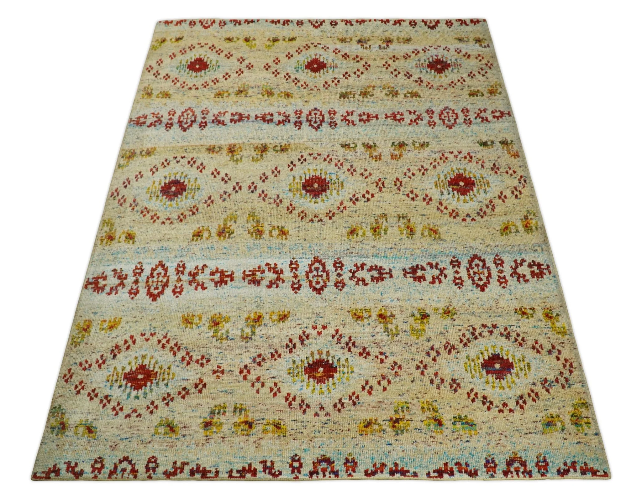 8x10 Hand Knotted Beige, Blue and Rust  Persian made of Recycled Silk Area Rug | OP19 - Image 12