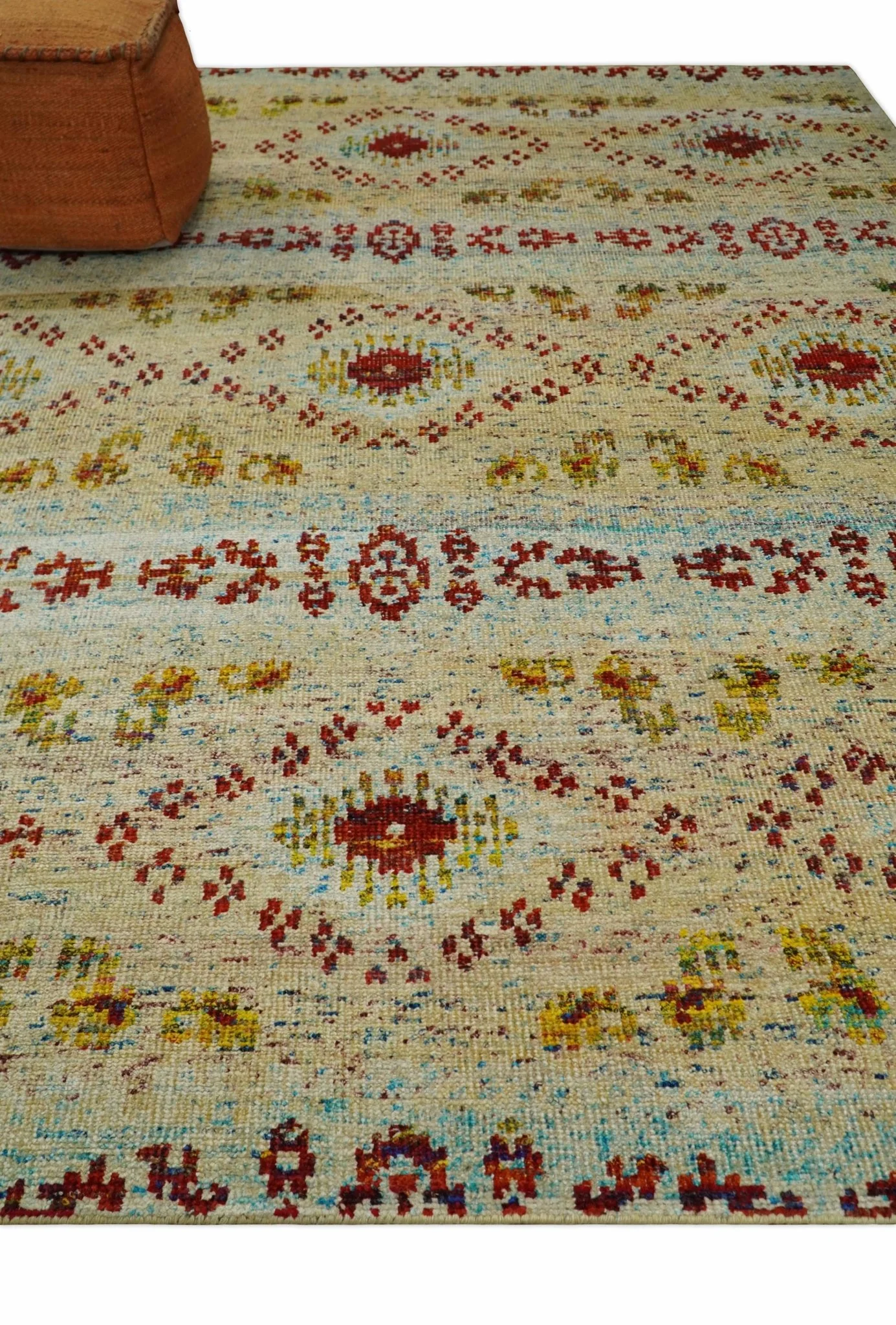8x10 Hand Knotted Beige, Blue and Rust  Persian made of Recycled Silk Area Rug | OP19 - Image 3