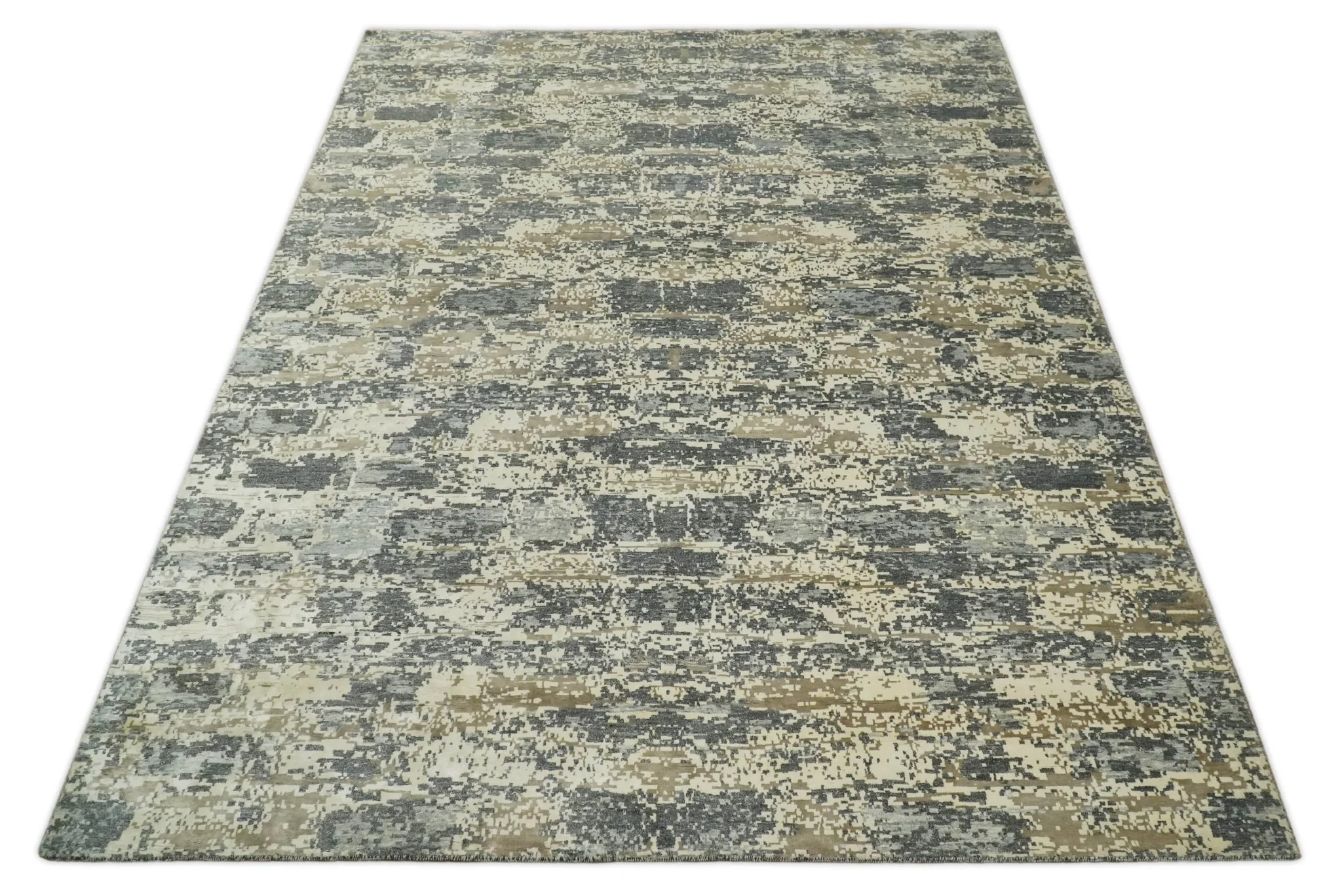 8x10 Fine Hand knotted Charcoal and Beige Traditional Abstract Persian Wool and Bamboo Silk Area Rug | TRDCP628810 - Image 11