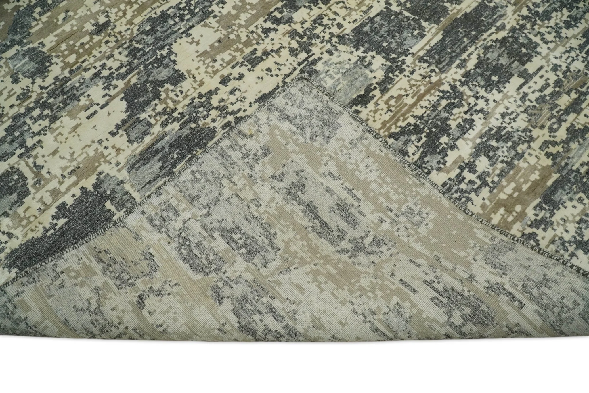 8x10 Fine Hand knotted Charcoal and Beige Traditional Abstract Persian Wool and Bamboo Silk Area Rug | TRDCP628810 - Image 6