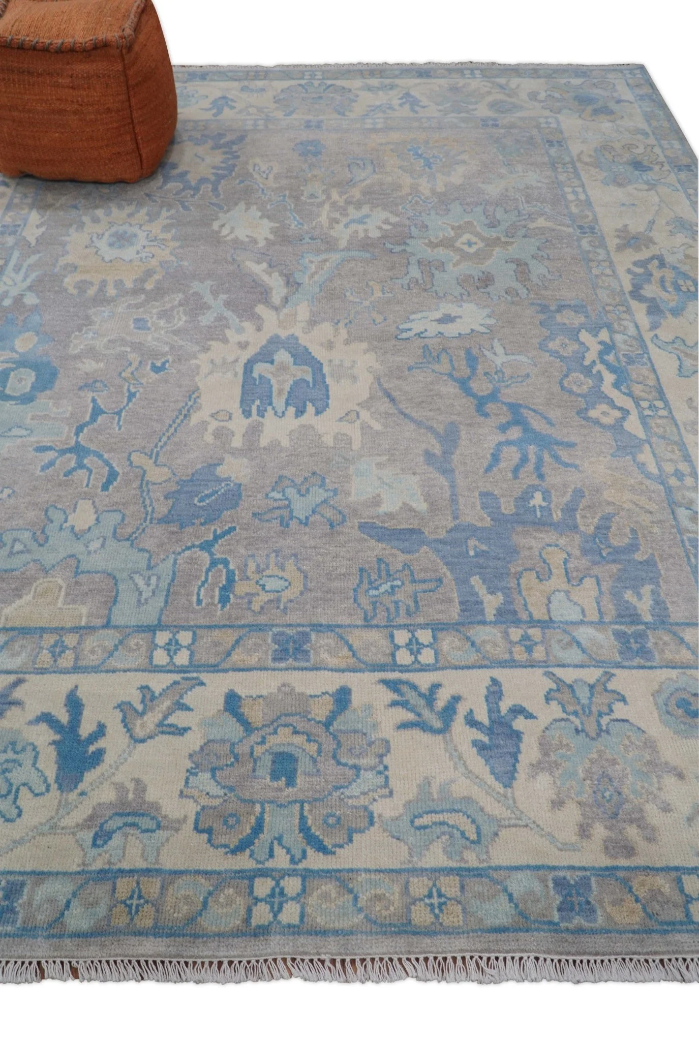 8x10 Hand Knotted Lavender Blue and Beige Traditional Persian Oushak Wool Rug | TRDCP761810 - Image 10