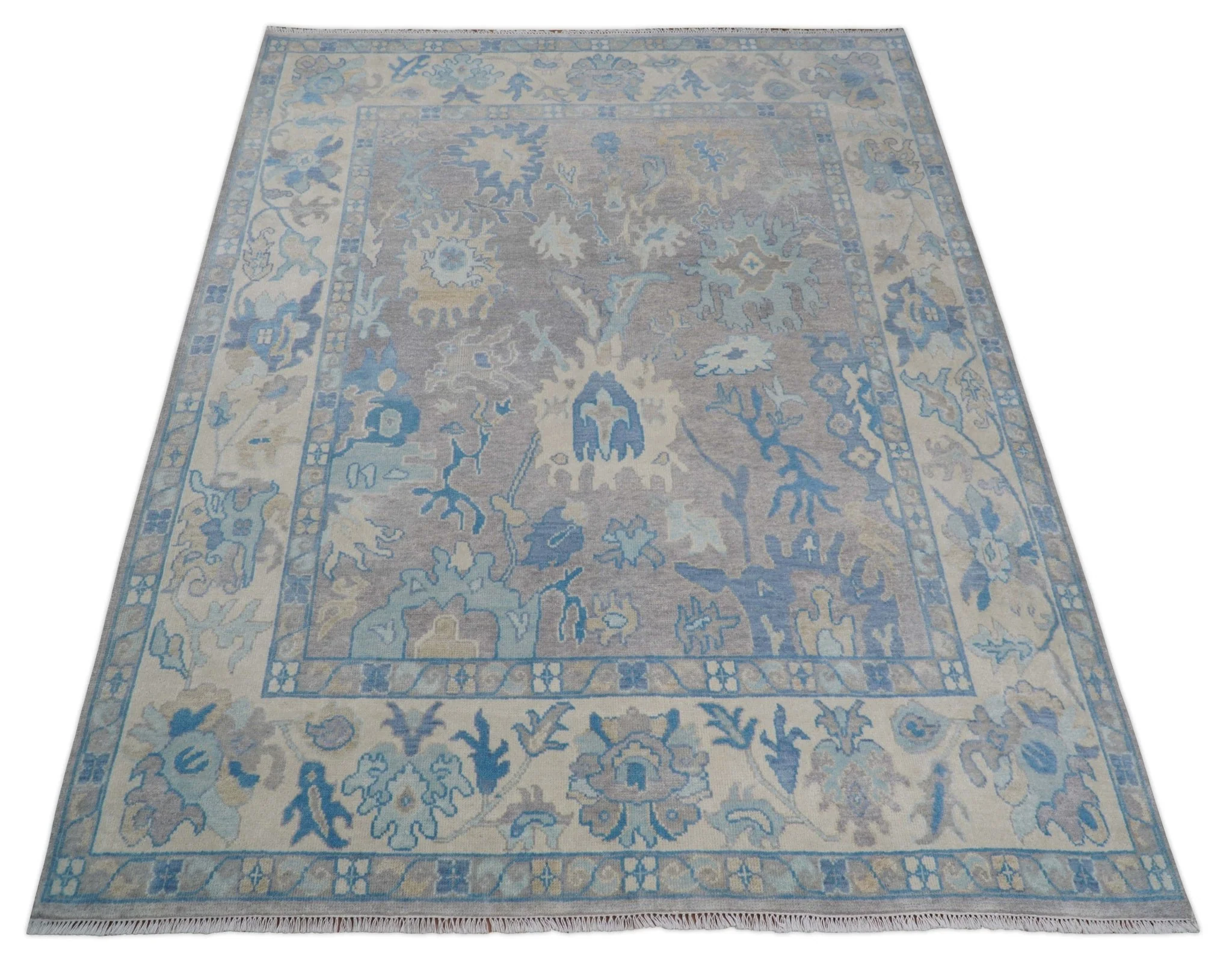 8x10 Hand Knotted Lavender Blue and Beige Traditional Persian Oushak Wool Rug | TRDCP761810 - Image 3