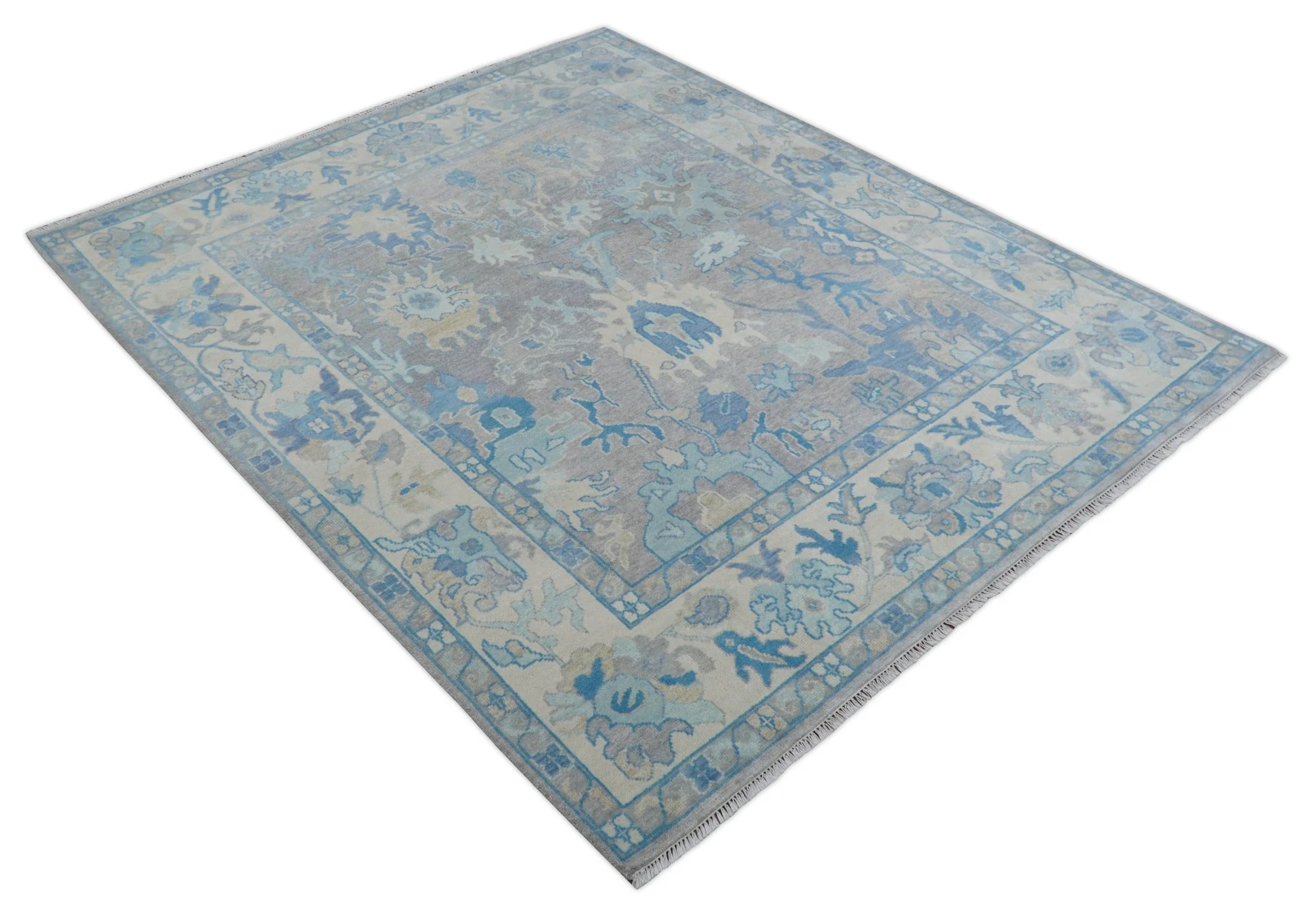 8x10 Hand Knotted Lavender Blue and Beige Traditional Persian Oushak Wool Rug | TRDCP761810 - Image 4