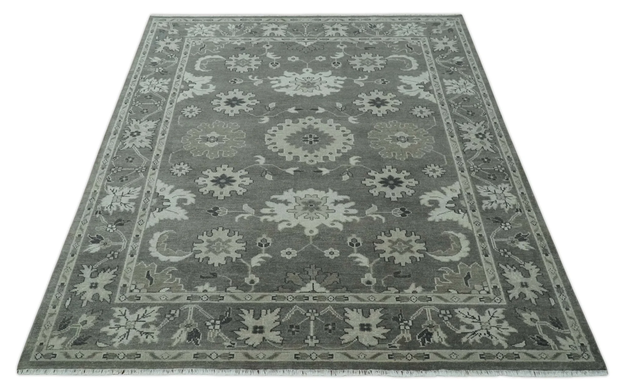 8x10 Hand Knotted Charcoal and Silver Traditional Oushak Wool Rug - Image 10