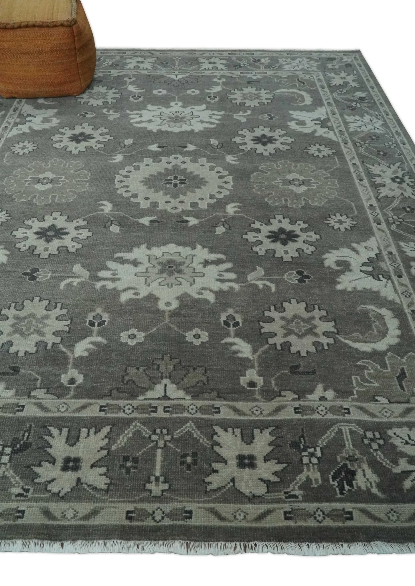 8x10 Hand Knotted Charcoal and Silver Traditional Oushak Wool Rug - Image 3