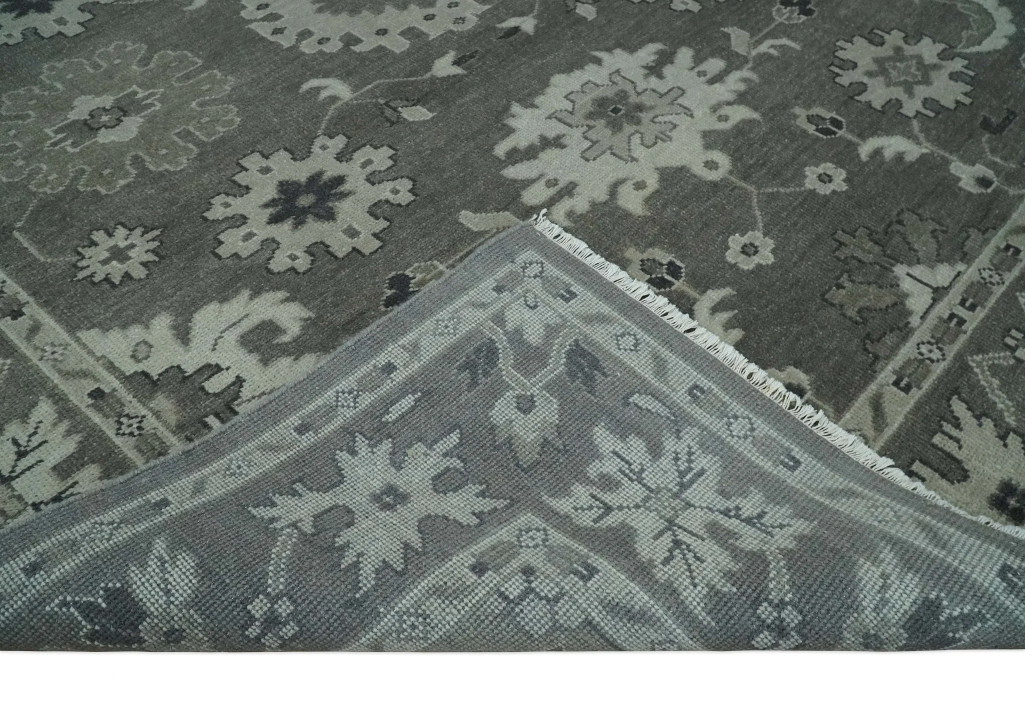 8x10 Hand Knotted Charcoal and Silver Traditional Oushak Wool Rug - Image 7