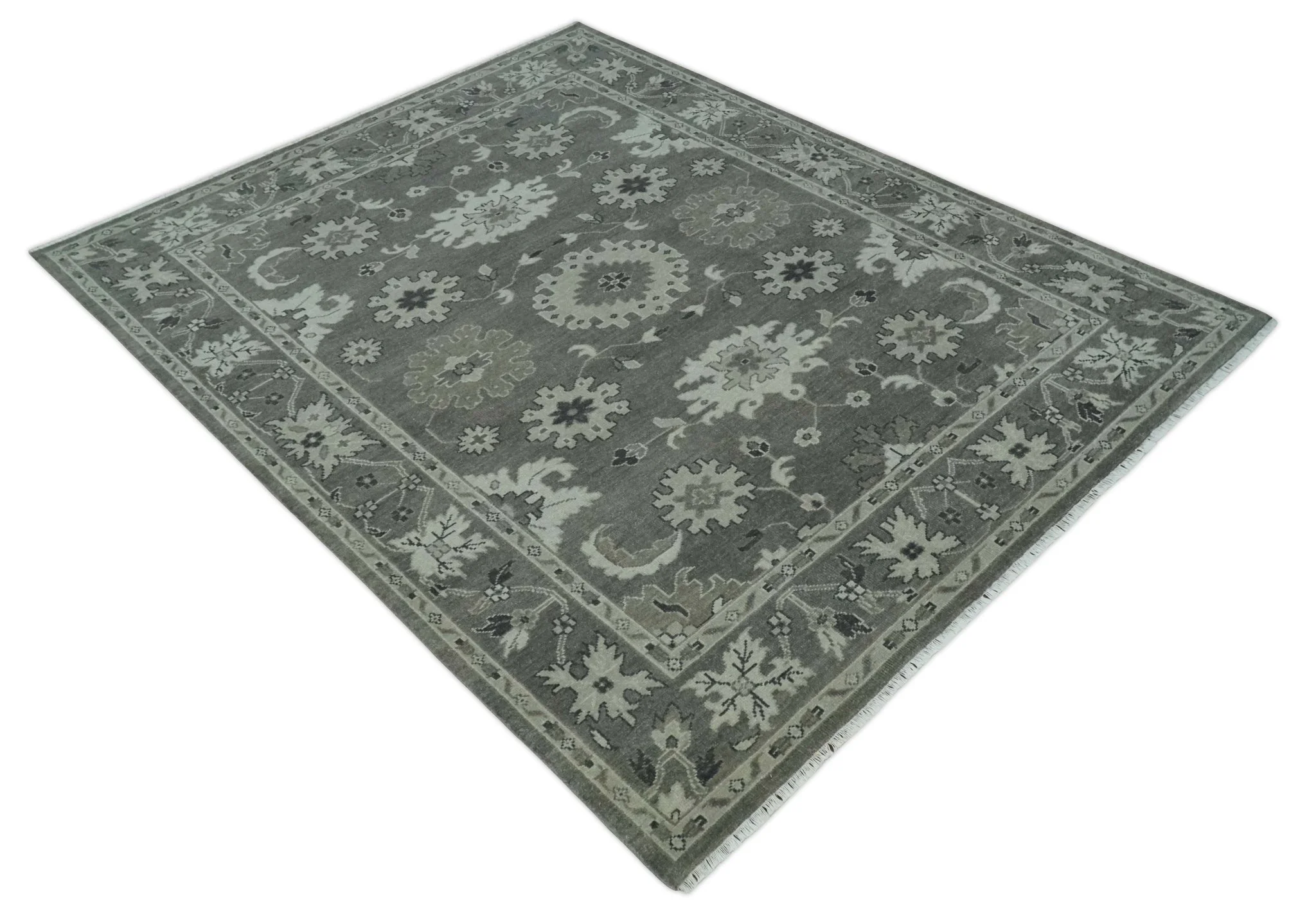 8x10 Hand Knotted Charcoal and Silver Traditional Oushak Wool Rug - Image 9