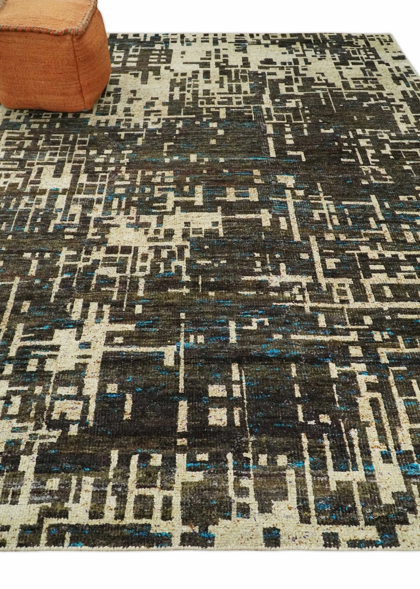 8x10 Hand Knotted Charcoal Beige Modern Abstract Contemporary Recycled Silk Area Rug | OP1 - Image 3