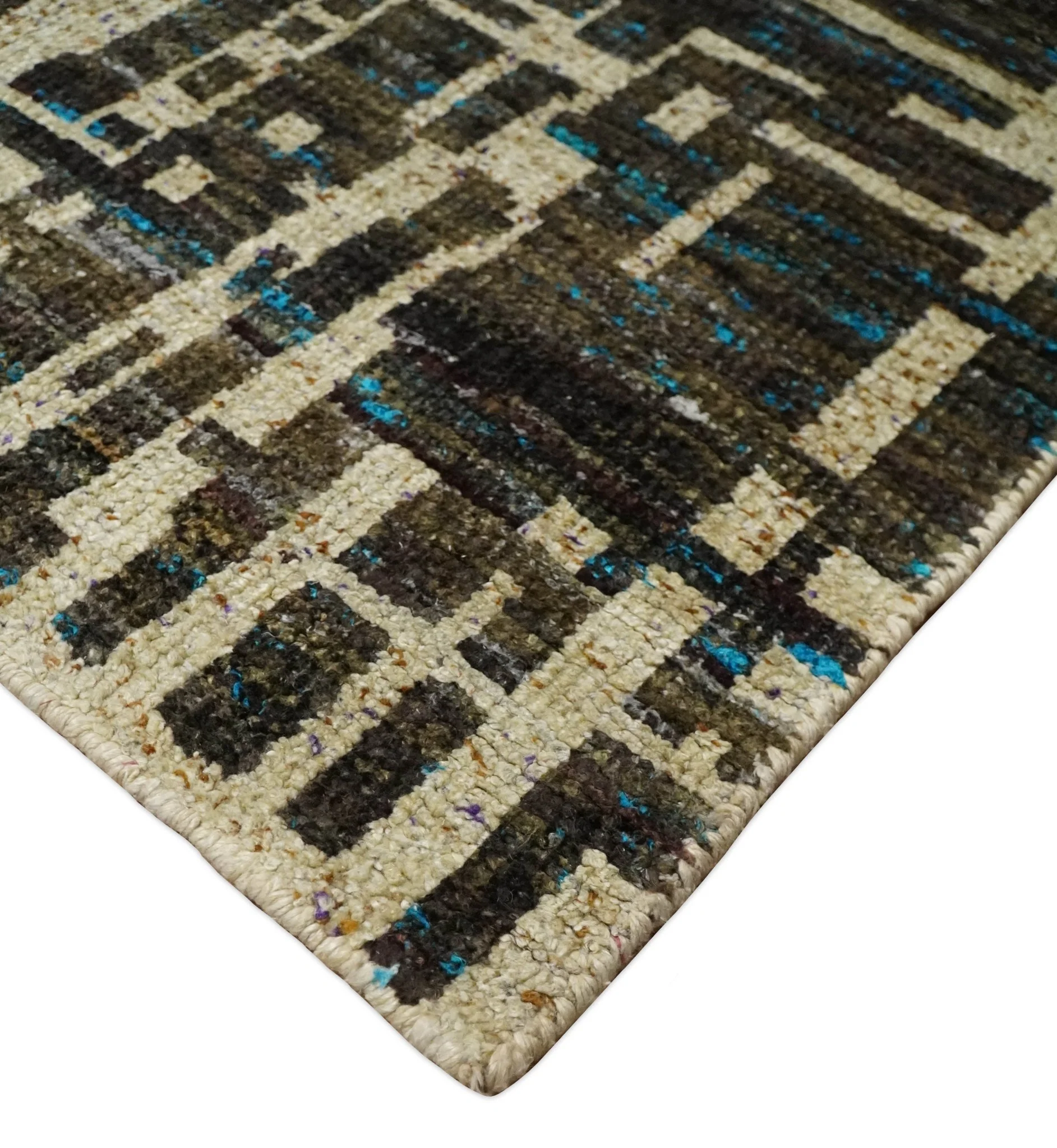 8x10 Hand Knotted Charcoal Beige Modern Abstract Contemporary Recycled Silk Area Rug | OP1 - Image 5