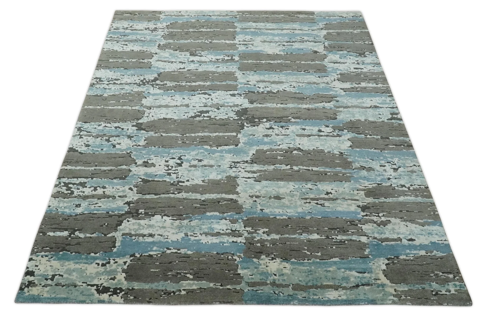 8x10 Hand Knotted Charcoal, Ivory and Aqua Modern Abstract Wool Area Rug - Image 10