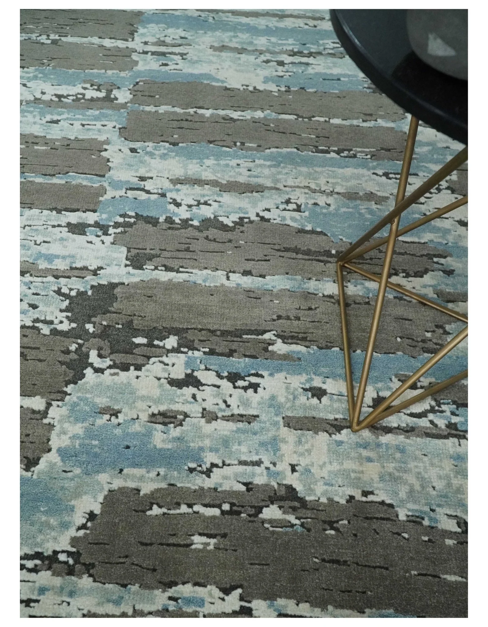 8x10 Hand Knotted Charcoal, Ivory and Aqua Modern Abstract Wool Area Rug - Image 2