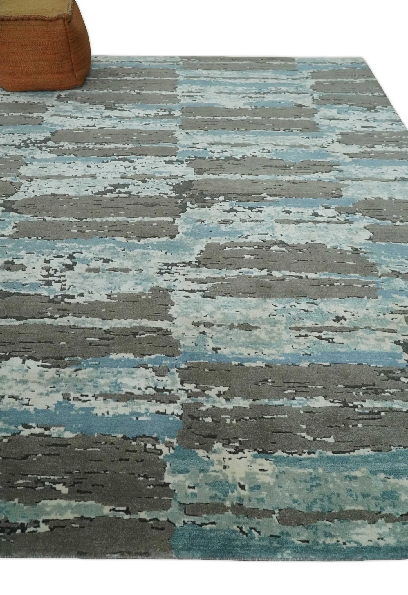 8x10 Hand Knotted Charcoal, Ivory and Aqua Modern Abstract Wool Area Rug - Image 3